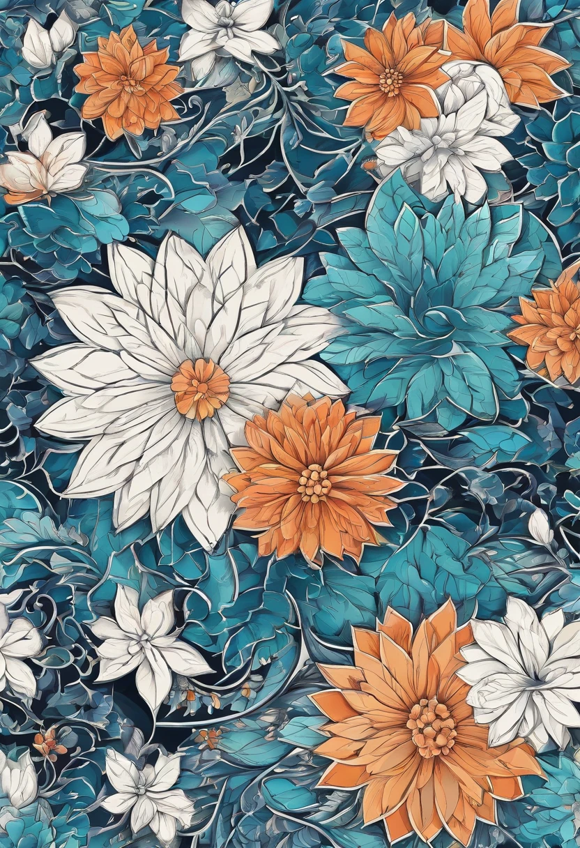 tile pattern waves and geometric flowers, detailed