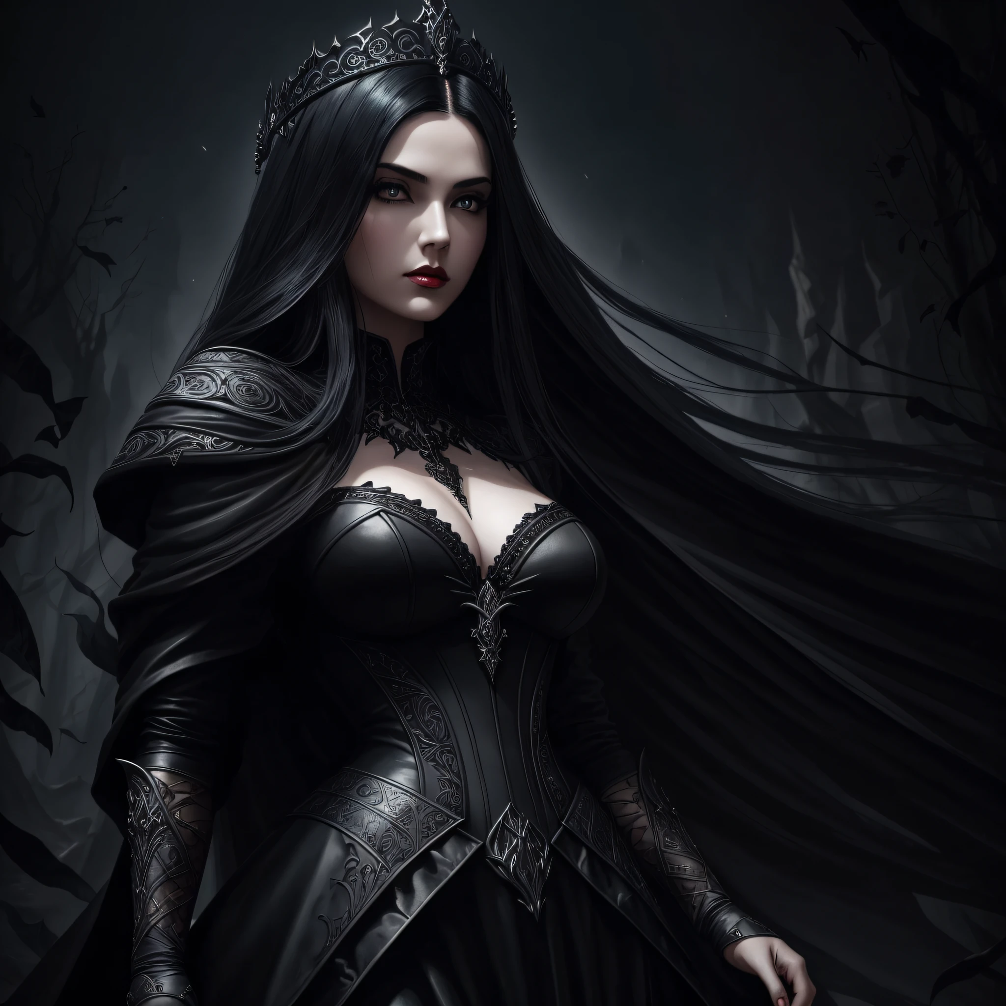 Noir painting of a beautiful Gothic queen in a tight black leather dress, fair skin, long black hair, shiny hair, dark red lips, dark fantasy style art, gothic fantasy art, dark fantasy art, dark fantasy portrait, in style of Greg rutkowski, dark fantasy mixed with realism, beautiful queen, gothic maiden of the dark, fantasy dark art, dark fantasy style, dark fantasy digital art, beautiful elegant queen, Artgerm, hyperdetailed intricately detailed gothic art trending on artstation triadic colors, 8K Resolution