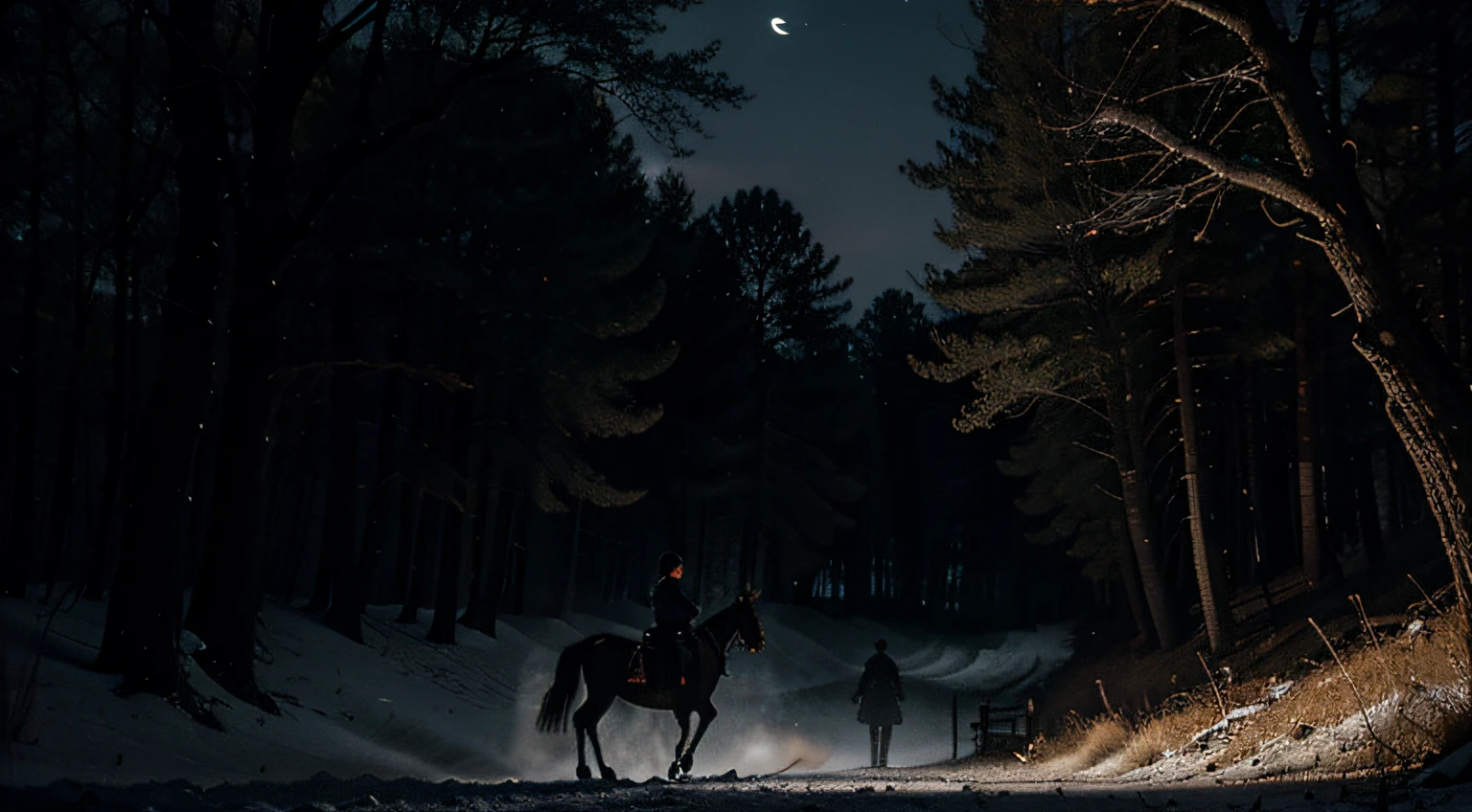 A chase in the woods in the moonlight: Create an eerie scene in the moonlit woods with a headless ghostly figure chasing a terrified Ichabod Crane on his horse.