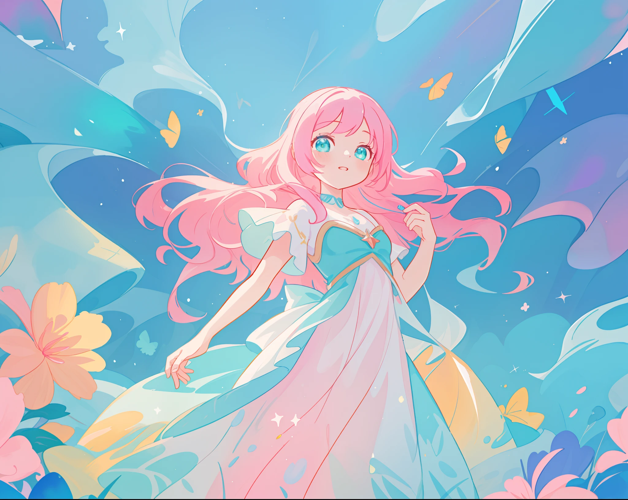 beautiful girl in flowing white dress, vibrant pastel colors, (colorful), magical lights, long flowing colorful pink hair, otherworldly aqua and blue landscape background, inspired by Glen Keane, inspired by Lois van Baarle, disney art style, by Lois van Baarle, glowing aura around her, by Glen Keane, jen bartel, glowing lights! digital painting, flowing glowing hair, glowing flowing hair, beautiful digital illustration, fantasia background, whimsical, magical, fantasy, beautiful face, ((masterpiece, best quality)), intricate details, highly detailed, sharp focus, 8k resolution, sparkling detailed eyes, liquid watercolor