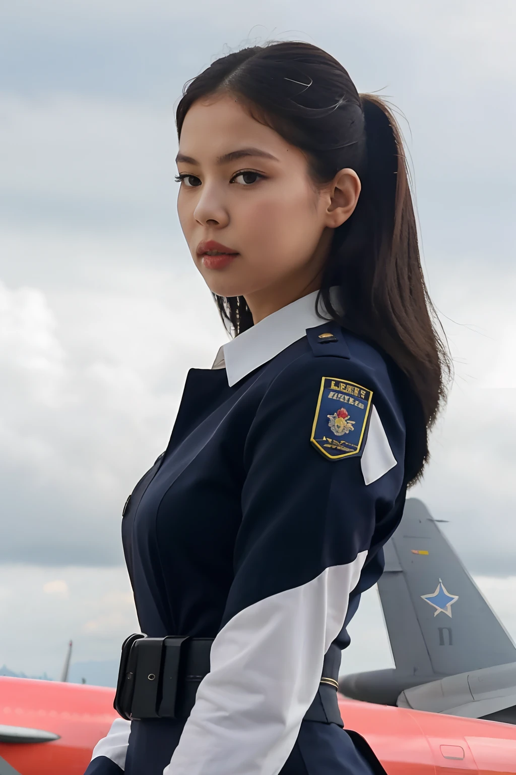 RAW photo, Jennie_blackpink With a Colombian Air Force uniform, planes in the background, scary appearance, flying hair and super realistic High quality