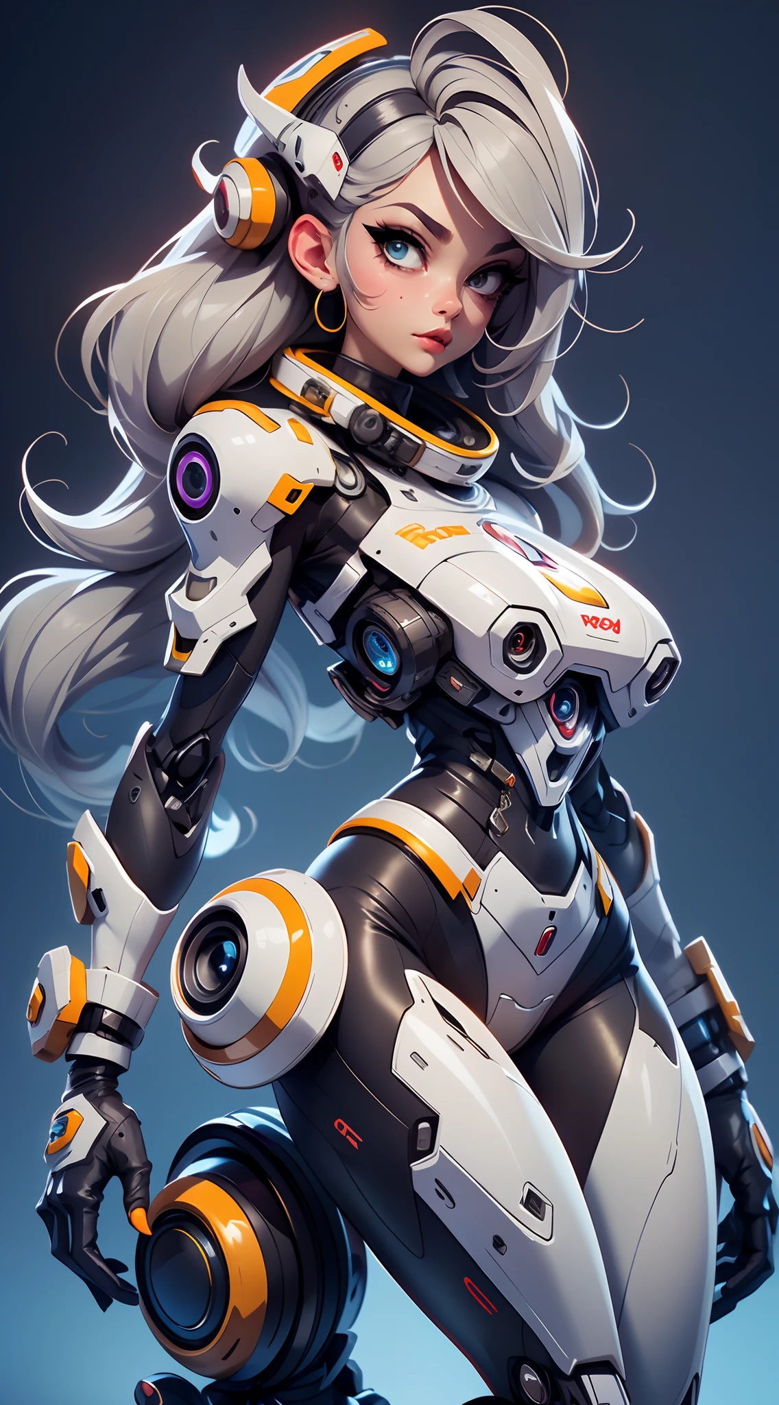 black_background,1girl, android, animal_ears, astronaut, brown_eyes, cyberpunk, cyborg, fake_animal_ears, headphones, humanoid_robot, joints, mechanical_parts, power_armor, rabbit_ears, robot_joints, science_fiction, solo, space, space_helmet, white_hair
