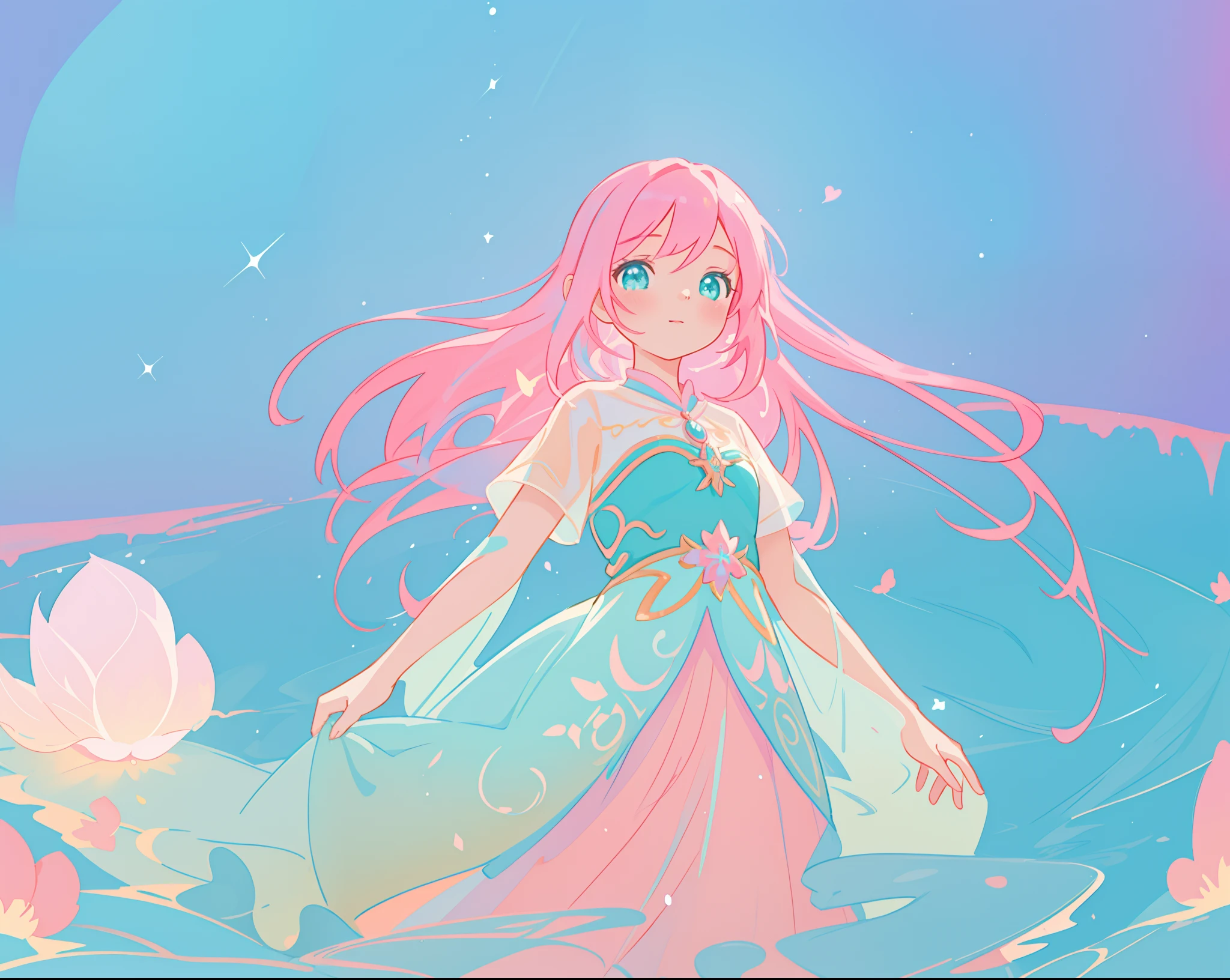 beautiful girl in flowing white dress, vibrant pastel colors, (colorful), magical lights, long flowing colorful pink hair, otherworldly aqua and blue landscape background, inspired by Glen Keane, inspired by Lois van Baarle, disney art style, by Lois van Baarle, glowing aura around her, by Glen Keane, jen bartel, glowing lights! digital painting, flowing glowing hair, glowing flowing hair, beautiful digital illustration, fantasia background, whimsical, magical, fantasy, beautiful face, ((masterpiece, best quality)), intricate details, highly detailed, sharp focus, 8k resolution, sparkling detailed eyes, liquid watercolor