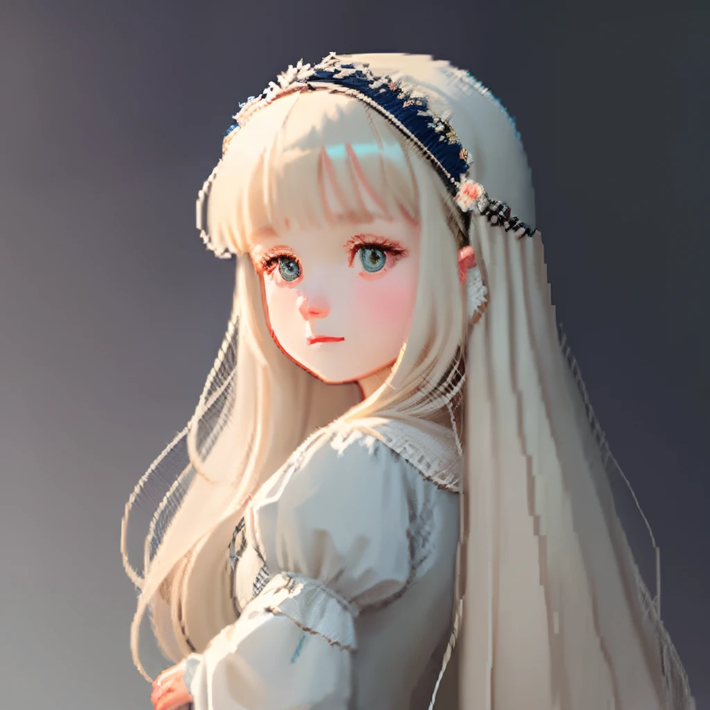 Pale light blue antique dress、Girl with long hair in a dull beige color、Blunt bangs、Look back and look at this.、Pixel art、Pixel Art Illustration、pixels、Plain background、Upper body、For icons、pixels_Art Book,Composition centered on the face、Straight face、Gothic headdress、pixels、Game-style illustration、Pixel art、pixels、Holding flowers