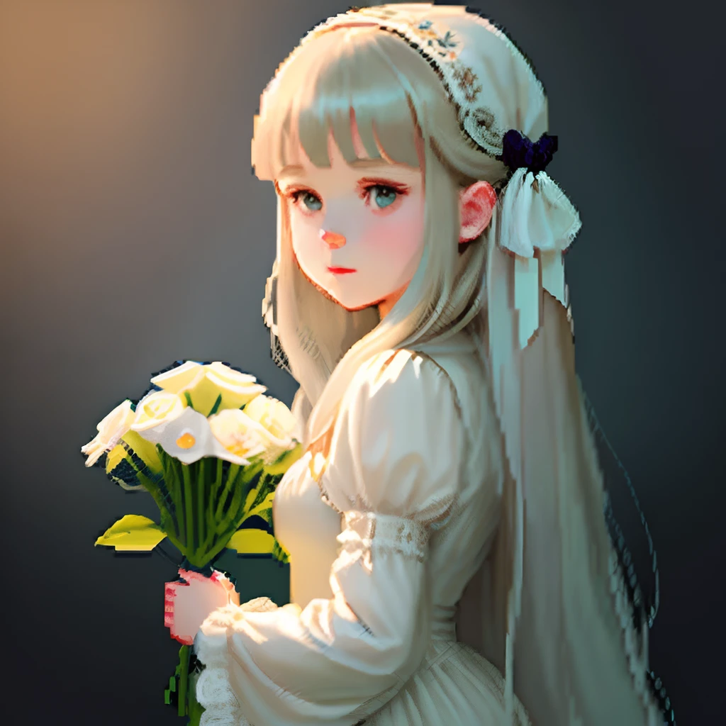 Pale light blue antique dress、Girl with long hair in a dull beige color、Blunt bangs、Look back and look at this.、Pixel art、Pixel Art Illustration、pixels、Plain background、Upper body、For icons、pixels_Art Book,Composition centered on the face、Straight face、Gothic headdress、pixels、Game-style illustration、Pixel art、pixels、Holding flowers