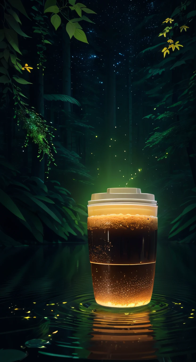 tmasterpiece，Best quality at best，Extremely beautiful reflection，The best reflections，(Very detailed CG unity 8k wallpaper)(Best quality at best)(The best illustrations)，(The best shadow)，There is a cup with a lid，There is a bear on it, coffee mug, Beige，Forest theme with natural elements，Tall trees，quiet streams，Glowing small mushrooms，surrounded by exquisite leaves and branches，There are also fireflies and glowing particle effects，(nature elements)，(Jungle theme)，(foliage)，butterflys，(exquisite leaves)，(with light glowing)，(particle effect)，Isometric 3D，Octane rendering，Ray traching，ultra-detailliert