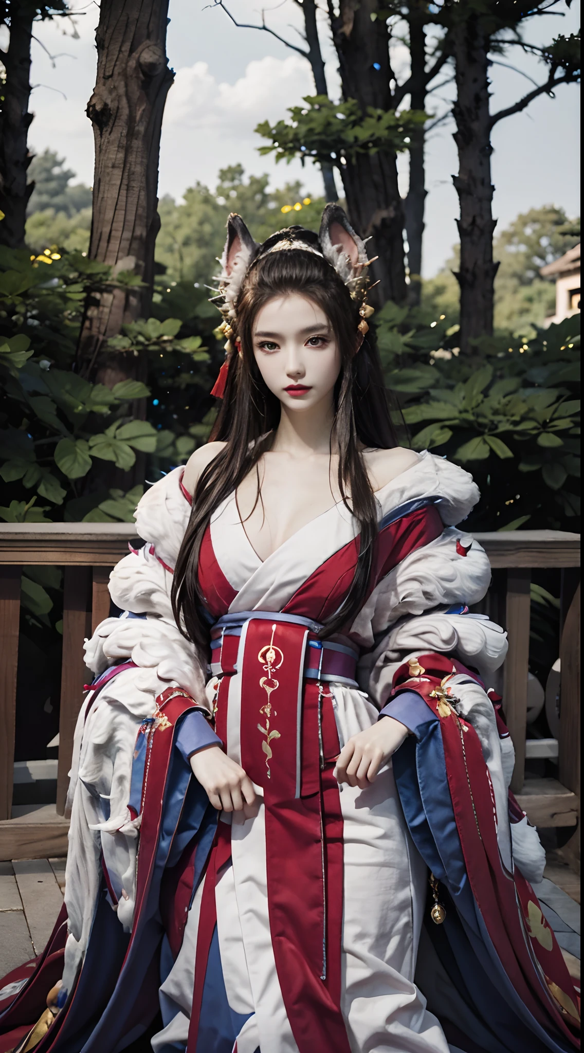 best quality,HDR,UHD,8K,Vivid Colors,solo,front view,(photo_(medium)),(looking at viewer:1.2),(1girl:1.3),(outside:1.5),(sitting:1.5),furniture,bright light,yuzaoqian,