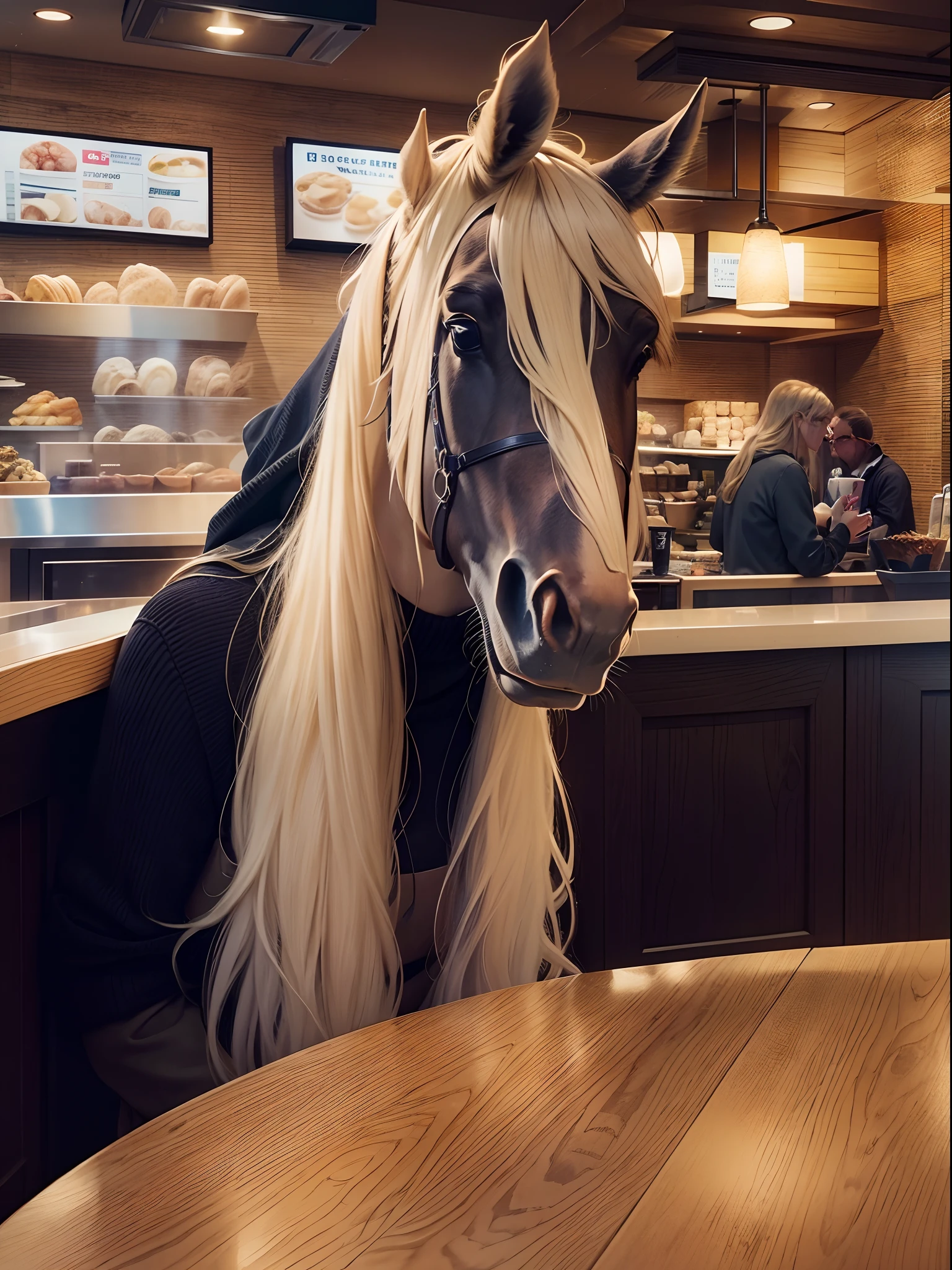 a horse with long blonde hair, in a Panera bread restaurant, smiling, wearing black sweater