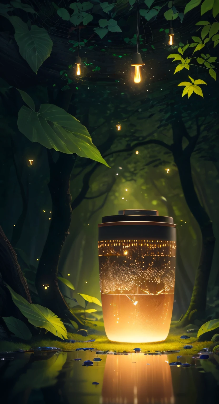 tmasterpiece，Best quality at best，Extremely beautiful reflection，The best reflections，(Very detailed CG unity 8k wallpaper)(Best quality at best)(The best illustrations)，(The best shadow)，There is a cup with a lid，There is a bear on it, coffee mug, Beige，Forest theme with natural elements，Tall trees，quiet streams，Glowing small mushrooms，surrounded by exquisite leaves and branches，There are also fireflies and glowing particle effects，(nature elements)，(Jungle theme)，(foliage)，butterflys，(exquisite leaves)，(with light glowing)，(particle effect)，Isometric 3D，Octane rendering，Ray traching，ultra-detailliert