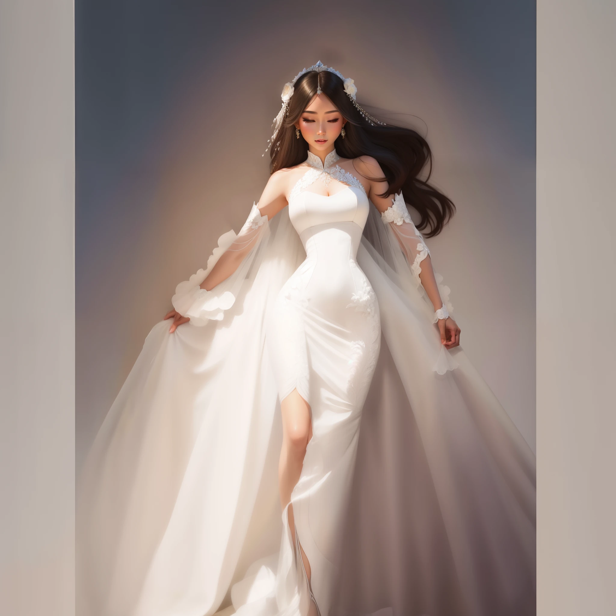 um desenho animado de uma mulher em um vestido de noiva branco, asian female, vestido grande elegante e branco, vestido longo, Full portrait of an asian bride, Ethereal corset dress, Potencializando a Aura, Epic Wedding Dress, Vestido de noiva branco longo, vestido branco, hands open