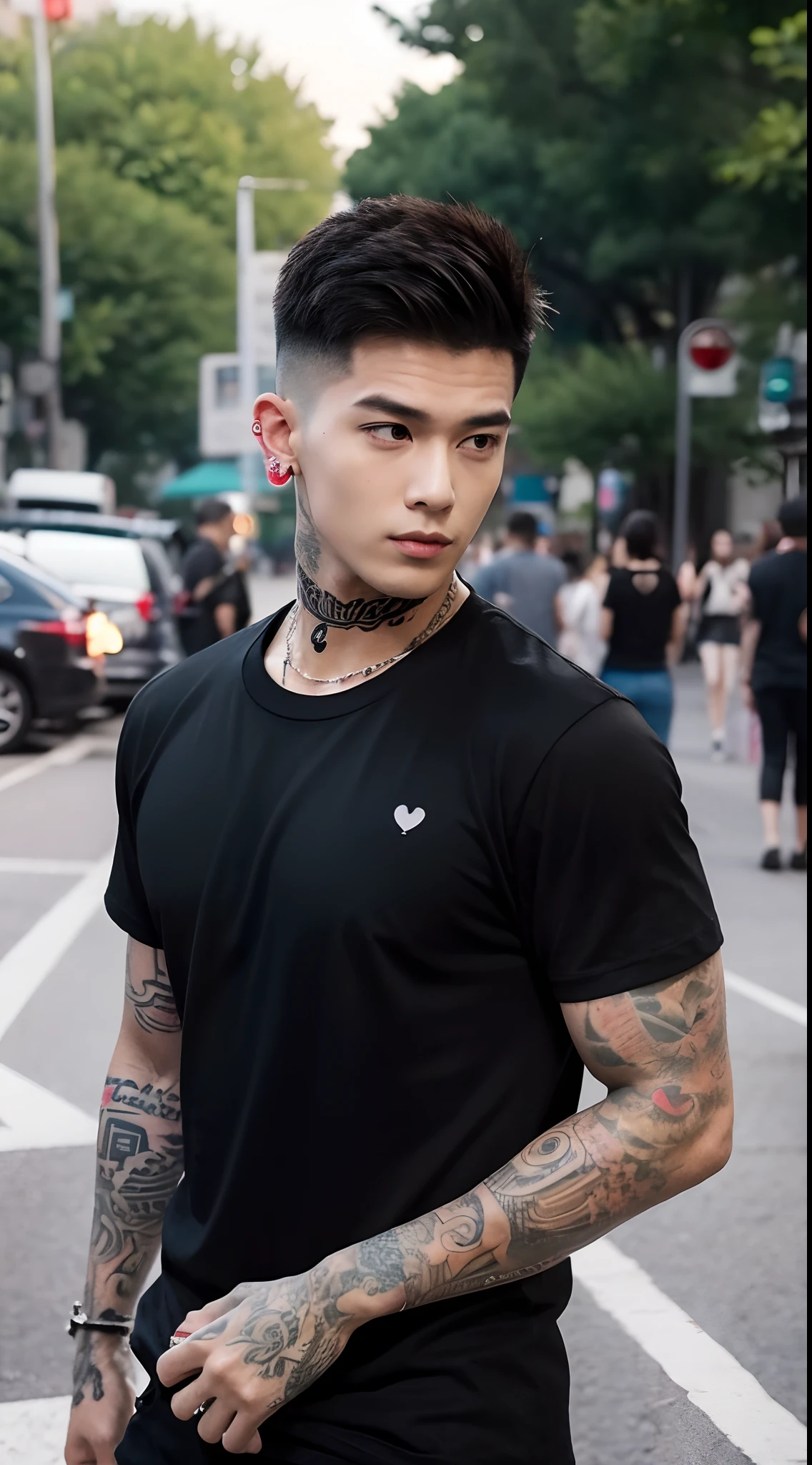 handsome man, black t-shirt, full tattoo on both arm, stylish haircut, piercing, urban street style