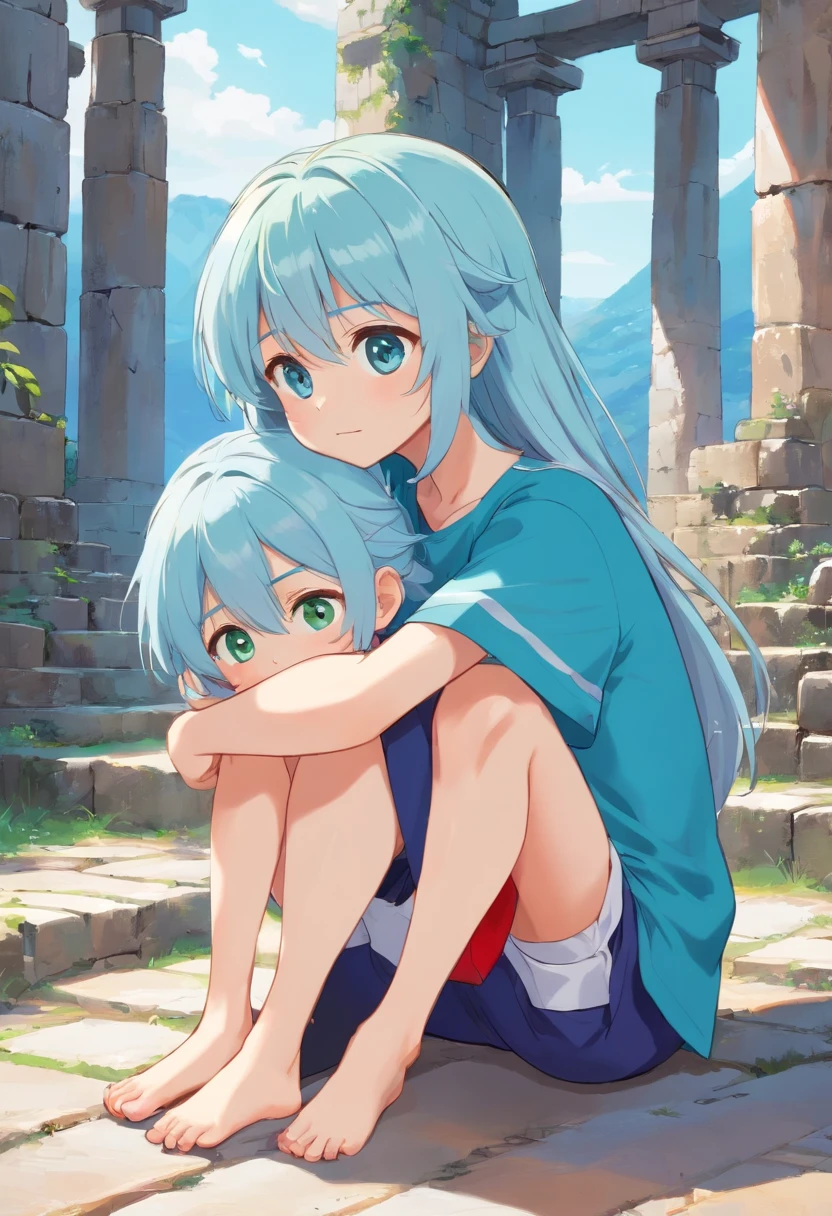 1 girl hug 1 boy. A beautiful girl , about 8 years old. The girl has (long light blue hair, straight messy hair, bangs and big blue eyes). The girl wears (a turquoise tunic and purple tide pants). A boy, about 12 years old. The boy has (short blonde hair, messy hair, bangs and big green eyes). The boy wears (a blue t-shirt and white tide pants). the girl is hug the boy. The boy is seated on floor. The boy is crying. He is crouched. Greek ruins background.