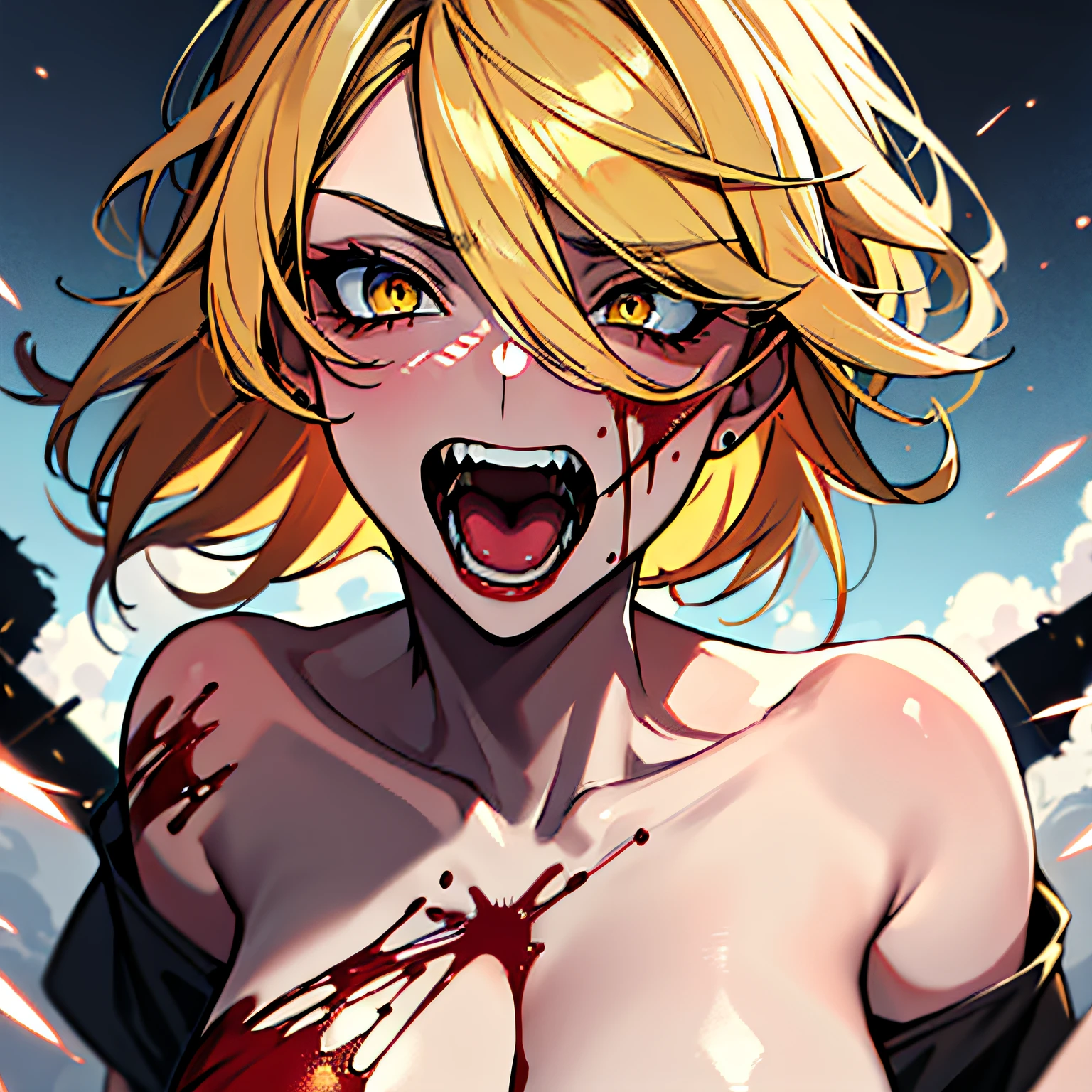 (absurdres, 8k, 4k, masterpiece, hyper extreme detailed:1.2), solo, 1girl, front view, portrait, best quality, expressive eyes, perfect face, 1girl, portrait, solo, standing, Female, toned body, mature female, small breasts, pale, hair covering one eye, long hair, adult, gold eyes, psychotic, laughing, blood, bloody, falling, clouds, crazy eyes, messy hair, swept bangs, perfect anatomy, front view, apocalypse background, graphic t-shirt, shorts, scars, scuffs, injuries, reckless, dangerous, blonde hair, insane, crazy, chaotic, gold, wide eyes, losing your mind, all thrill, beams of light, scared, pain pills, flying, falling, fear, fearful, restless, left behind, abandoned, near divine, bleeding, screaming, midas, restless,