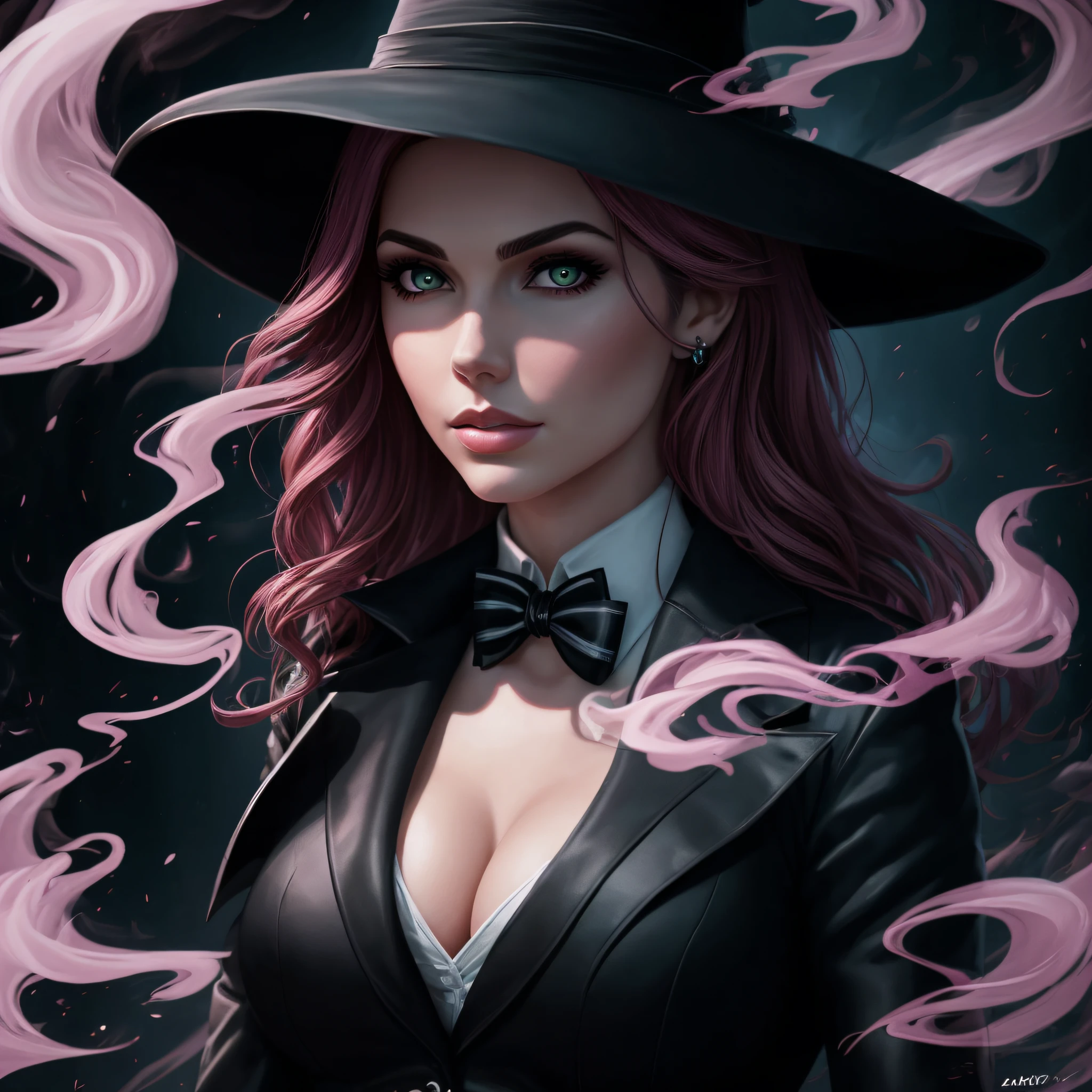 Noir painting of Amouranth as Zatanna из DC Comics, epic villainess, witch, goddess, looking at viewer, Ghost, Dark, Ultra Detailed, pink transparent smoke swirls around her, real, high detail, best quality