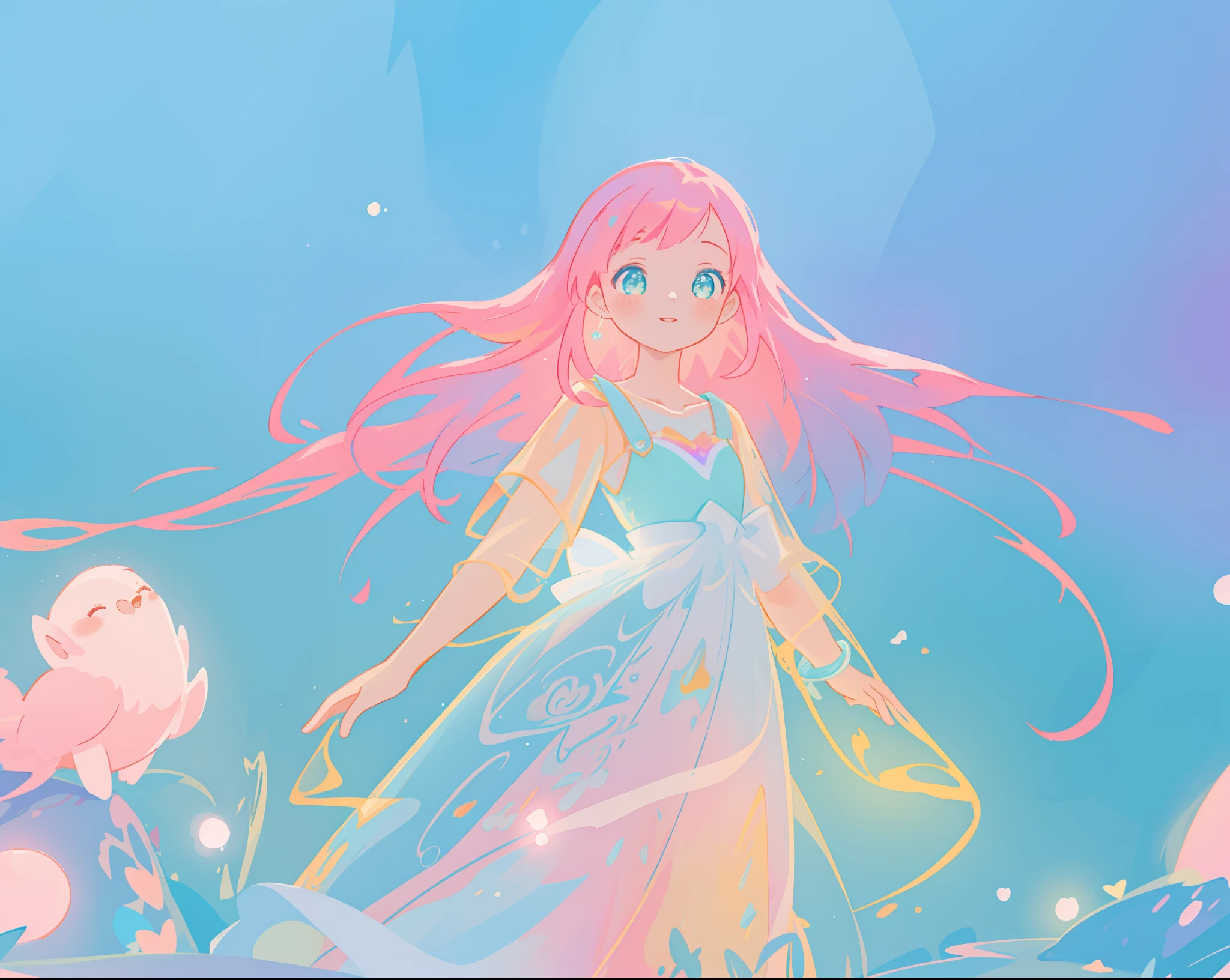 beautiful girl in flowing white dress, vibrant pastel colors, (colorful), magical lights, long flowing colorful pink hair, otherworldly aqua and blue landscape background, inspired by Glen Keane, inspired by Lois van Baarle, disney art style, by Lois van Baarle, glowing aura around her, by Glen Keane, jen bartel, glowing lights! digital painting, flowing glowing hair, glowing flowing hair, beautiful digital illustration, fantasia background, whimsical, magical, fantasy, beautiful face, ((masterpiece, best quality)), intricate details, highly detailed, sharp focus, 8k resolution, sparkling detailed eyes, liquid watercolor