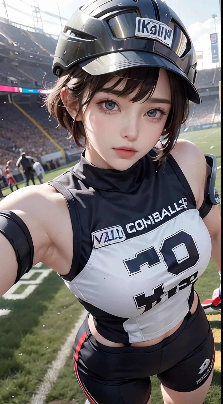 Female American football player（1.5），（Helmet with shoulder straps（helmet）：1.3）
 Shoulder pads and chest pads（Shoulder pads）
elbow pads（elbow pads）
mitts（mitts）
 face：1.5），Beautiful exquisite eyes，light in face，one-girl，short detailed hair，（Full body like：1.5）， Rugby field，