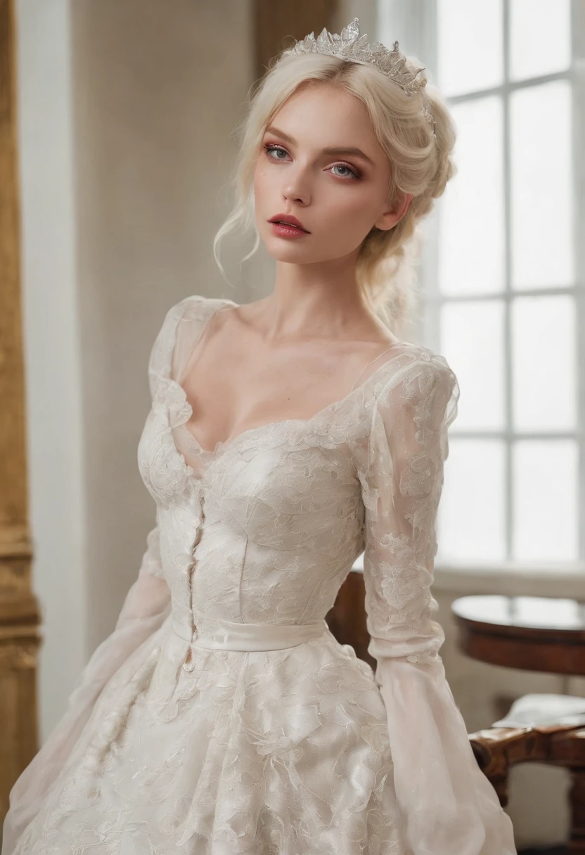 blonde female model wear a Viviane Westwood bride dress in a very old and fancy hotel, photography for one fashion magazine, realistic, ultra detailed