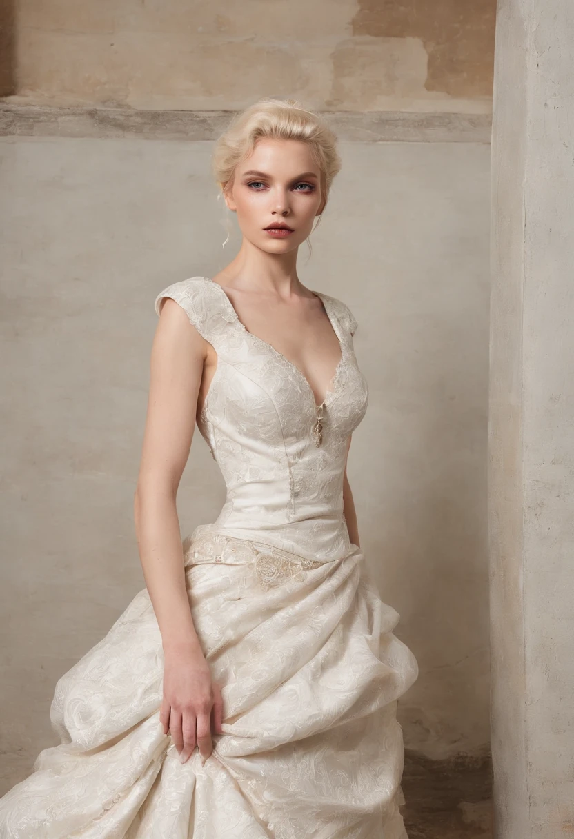 blonde female model wear a Viviane Westwood bride dress in a very old and fancy hotel, photography for one fashion magazine, realistic, ultra detailed