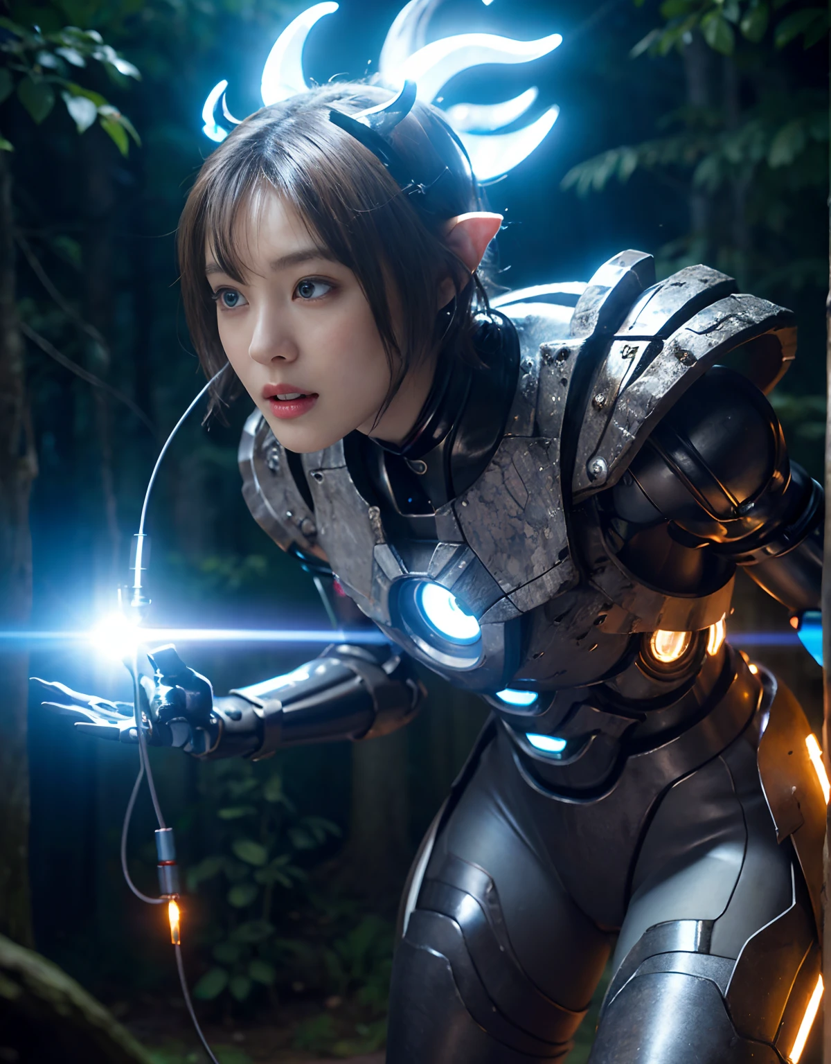 (1 Mechanical Girl)、top-quality、masterpiece、超A high resolution、(Photorealsitic:1.4)、Raw photo、1人、Fight mutants、glowy skin、(((1 Mechanical Girl)))、With a beautiful knife、(Red Metal Bodysuit)、(Fight goblings、ogre、Fierce battle with orcs),(Fight fiercely against aliens)、Fight fiercely、(beautiful forest background)、(Fighting Demonic Beasts)、(Small LED)、((super realistic details))、portlate、(Strong giant demon beast background),globalillumination、Shadow、octan render、8K、ultrasharp、Colossal tits、Raw skin is exposed in cleavage、metals、Details of complex ornaments、Japan details、highly intricate detail、Realistic light、(Mystical expression),CGSoation Trends、Blue eyes、radiant eyes、Facing the camera、neon details、(Mechanical limbs)、(blood vessels connected to tubes)、(Wires and cables connecting to the head)、Small LED、,Mechanical thighs、Toostock、(Hands are also made of machines)、(Attack of the Monster Beasts)、