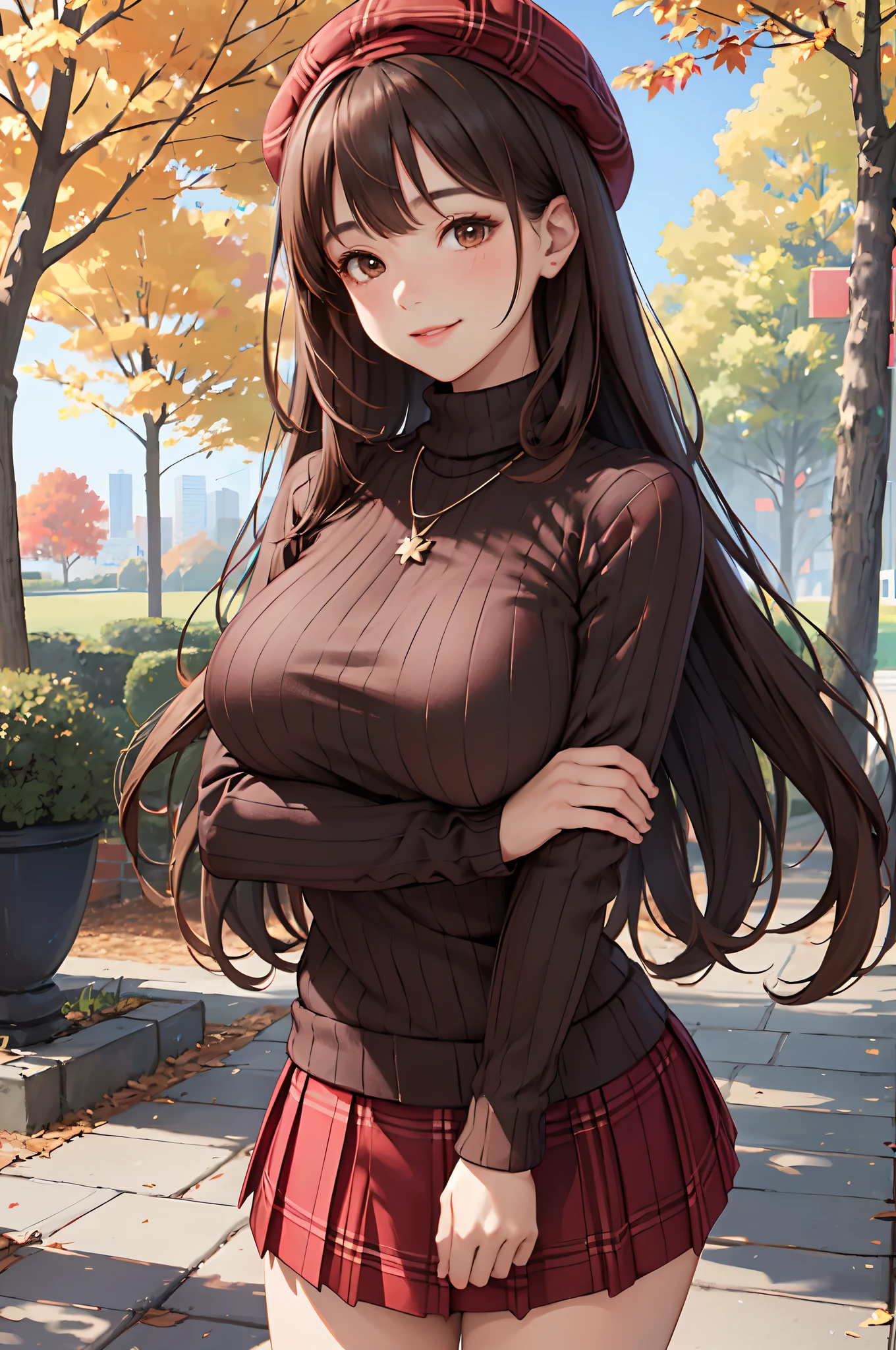 Anime girl in a brown shirt and red skirt posing for a picture - SeaArt AI