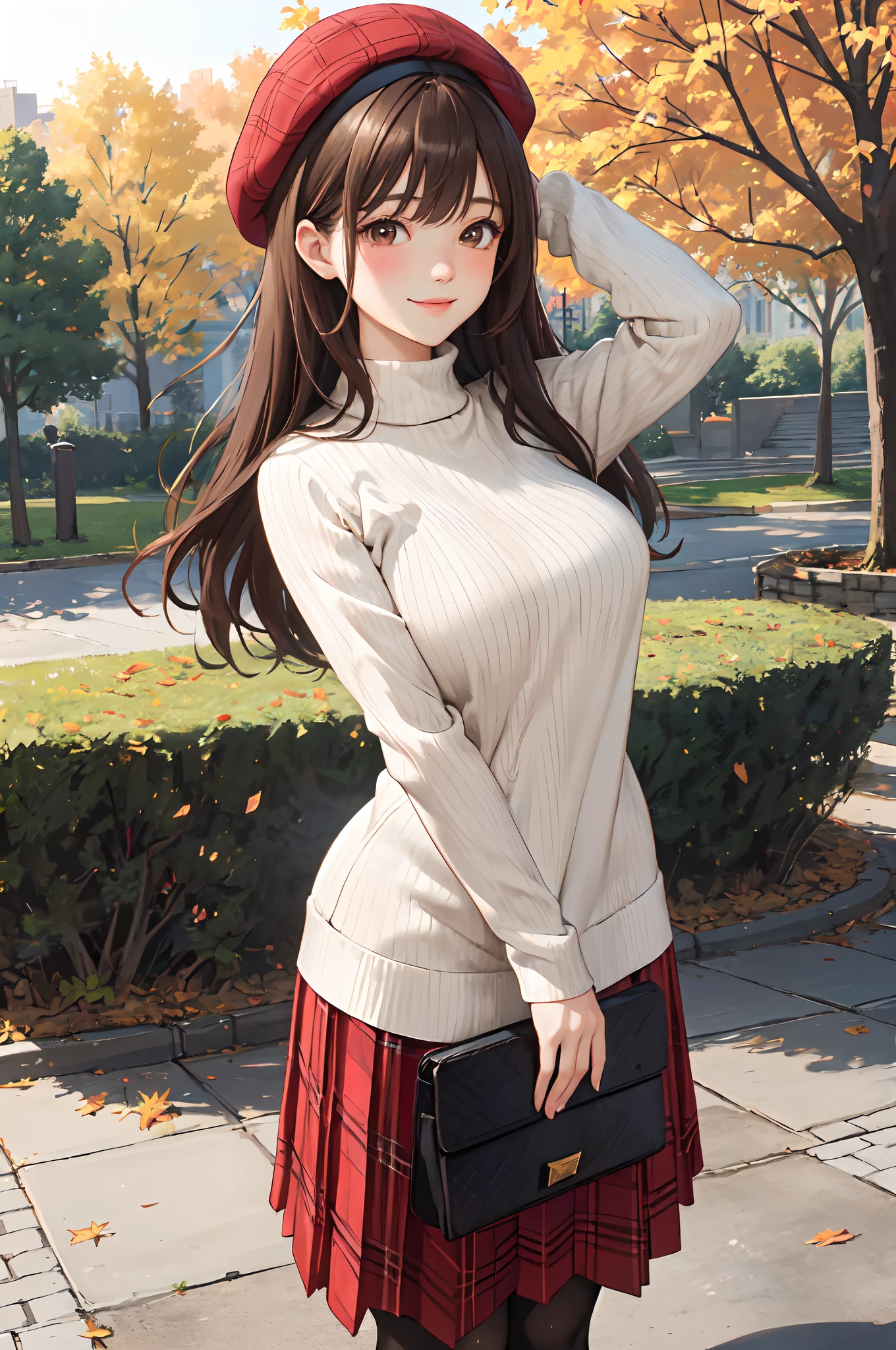1lady standing, mature female, /(ribbed sweater/) /(red plaid skirt/) beret, /(brown hair/) bangs, blush kind smile, (masterpiece best quality:1.2) delicate illustration ultra-detailed, large breasts, arms down BREAK /(pubric park outdoors/) bricks road, autumn foliage trees, detailed background