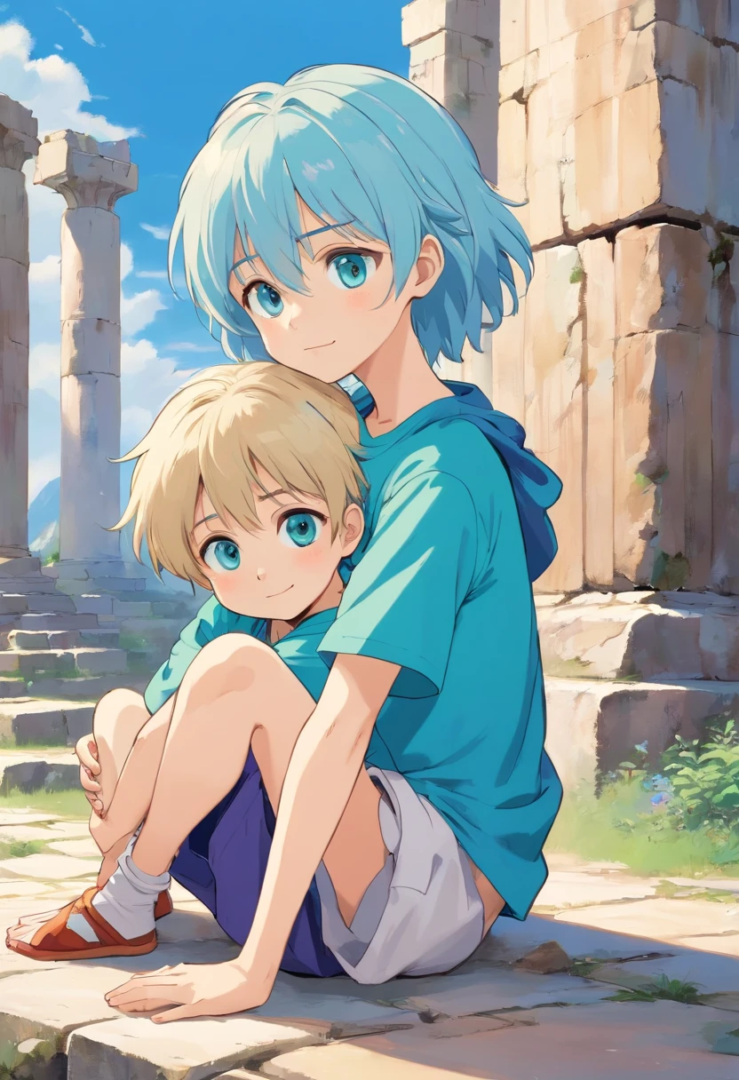 1 girl hug 1 boy. A beautiful girl , about . The girl has (long light blue hair, straight messy hair, bangs and big blue eyes). The girl wears (a turquoise tunic and purple tide pants). A boy, about 12 years olas (short blonde hair, messy hair, bangs and big green eyes). The boy wears (a blue t-shirt and white tide pants). the girl is hug the boy. The boy is seated on floor. The boy is crying. He is crouched behind a fallen column. Greek ruins background.