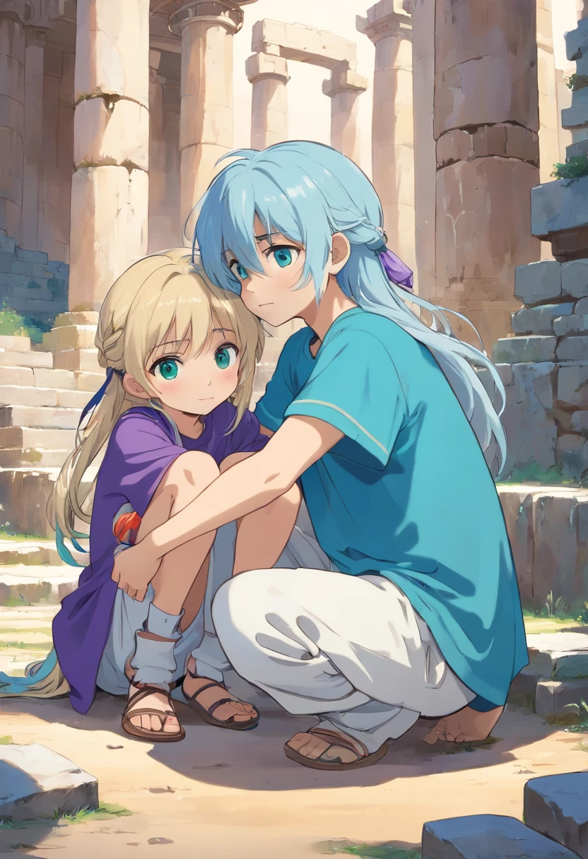 1 girl hug 1 boy. A beautiful girl , about 8 . The girl has (long light blue hair, straight messy hair, bangs and big blue eyes). The girl wears (a turquoise tunic and purple tide pants). A boy, about 12 years has (short blonde hair, messy hair, bangs and big green eyes). The boy wears (a blue t-shirt and white tide pants). the girl is hug the boy. The boy is seated on floor. The boy is crying. He is crouched behind a fallen column. Greek ruins background.