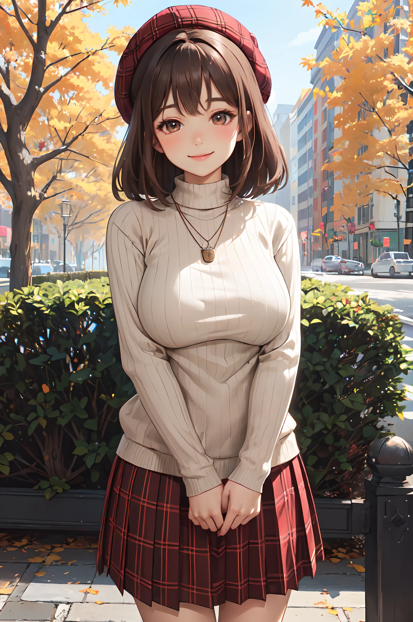 1lady standing, mature female, /(ribbed sweater/) /(red plaid skirt/) beret necklace, /(brown hair/) bangs, blush kind smile, (masterpiece best quality:1.2) delicate illustration ultra-detailed, large breasts, arms down BREAK /(pubric park outdoors/) bricks road, autumn foliage trees, detailed background