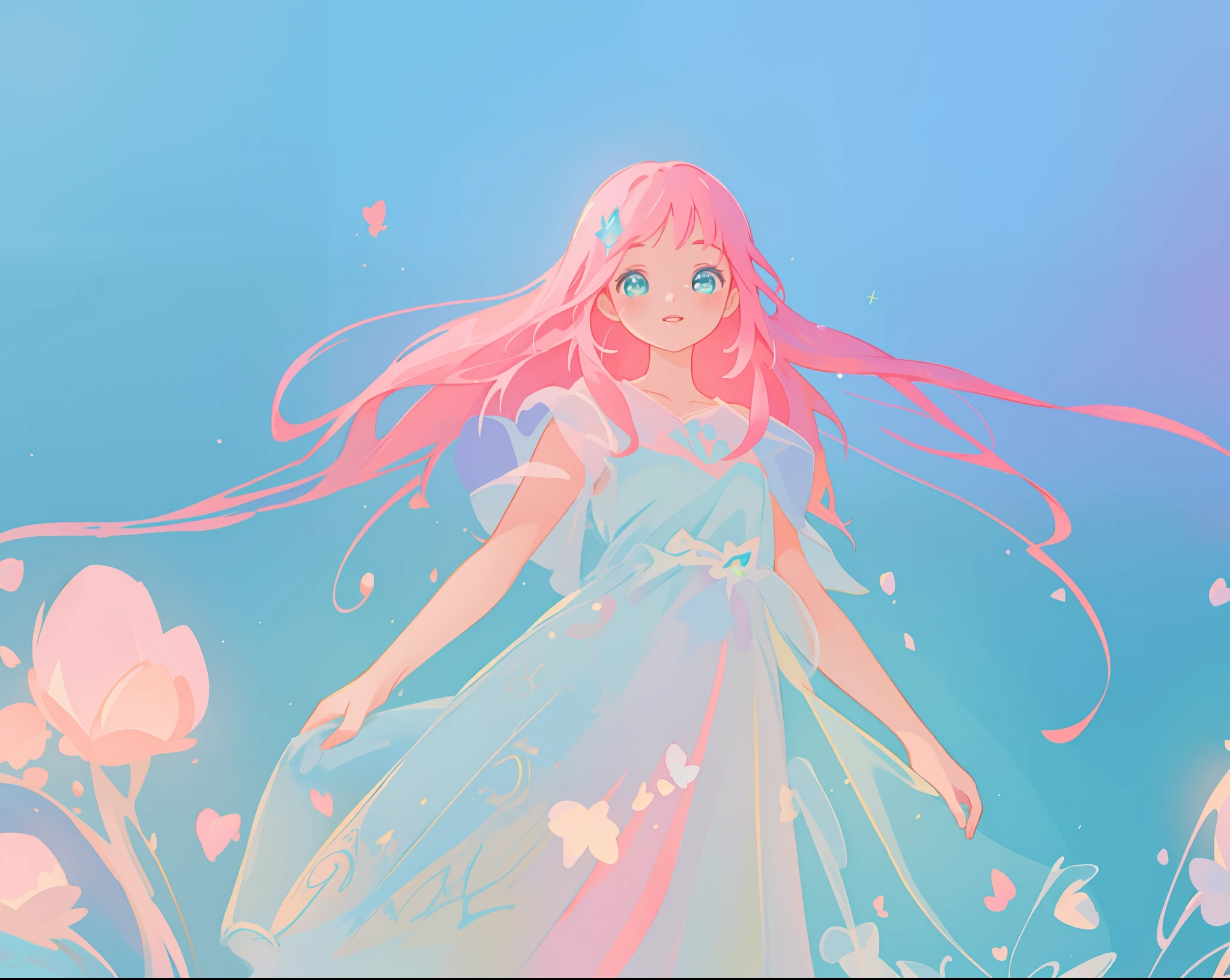 beautiful girl in flowing white dress, vibrant pastel colors, (colorful), magical lights, long flowing colorful pink hair, otherworldly aqua and blue landscape background, inspired by Glen Keane, inspired by Lois van Baarle, disney art style, by Lois van Baarle, glowing aura around her, by Glen Keane, jen bartel, glowing lights! digital painting, flowing glowing hair, glowing flowing hair, beautiful digital illustration, fantasia background, whimsical, magical, fantasy, beautiful face, ((masterpiece, best quality)), intricate details, highly detailed, sharp focus, 8k resolution, sparkling detailed eyes, liquid watercolor