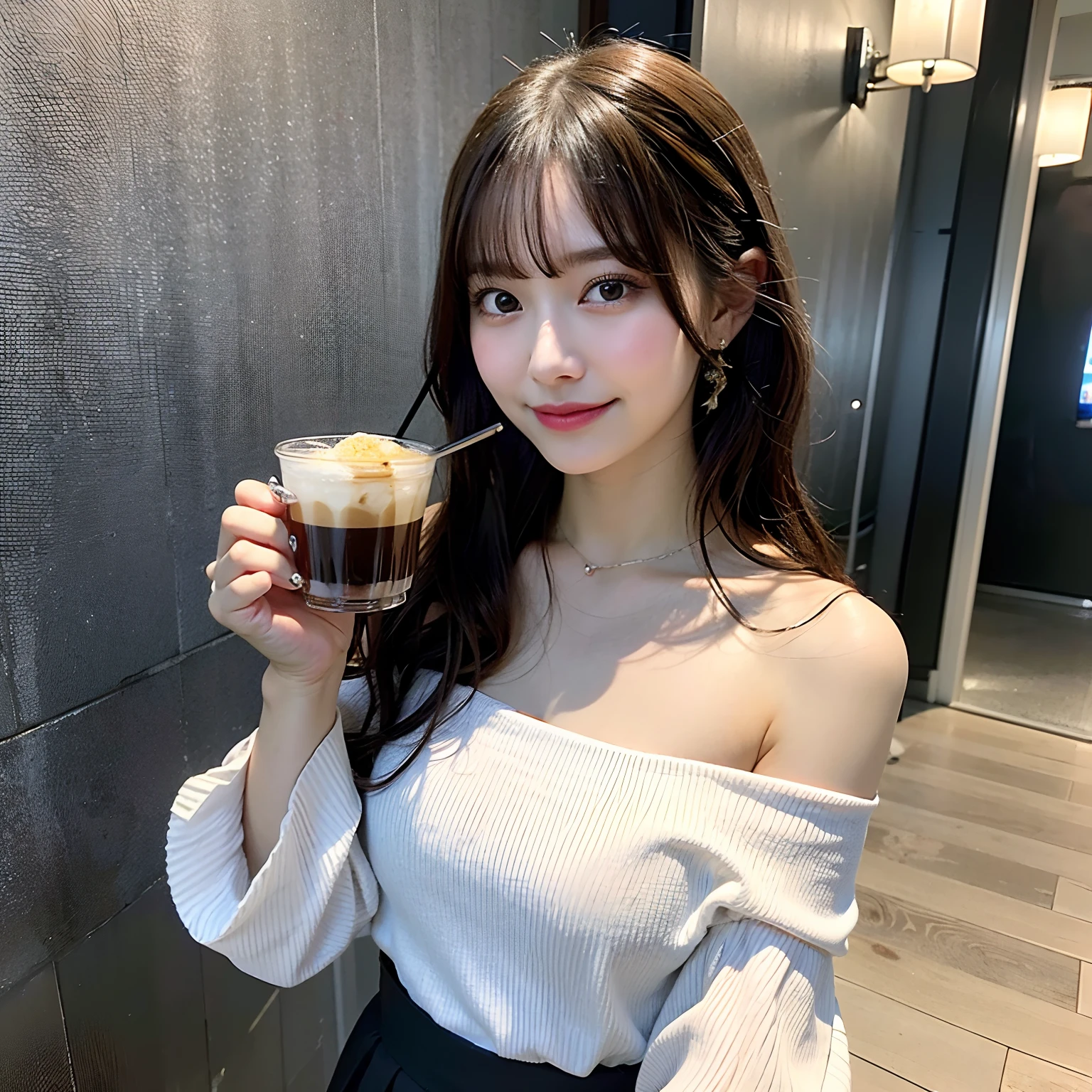 hight resolution,masutepiece,Best Quality,Extremely detailed, hyper realisitic, girl with,hair wavy, a smile, black pleats skirt, white See-through shirt, off shoulder, clavicle, Drinking a fashionable coffee through a straw, Very beautiful,cute, 8K Wallpaper, Fine detail, Very detailed 8k wallpape