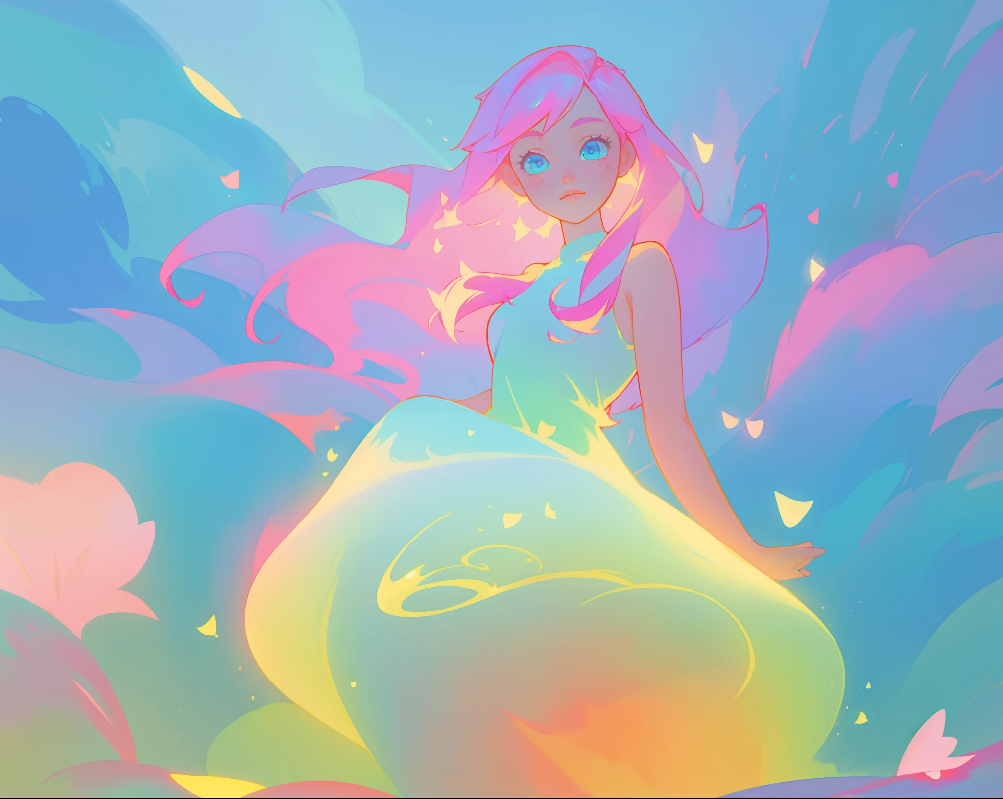 beautiful girl in sparkling white puffy dress, vibrant pastel colors, (colorful), magical lights, long flowing colorful pink hair, otherworldly aqua and blue landscape background, inspired by Glen Keane, inspired by Lois van Baarle, disney art style, by Lois van Baarle, glowing aura around her, by Glen Keane, jen bartel, glowing lights! digital painting, flowing glowing hair, glowing flowing hair, beautiful digital illustration, fantasia background, whimsical, magical, fantasy, beautiful face, ((masterpiece, best quality)), intricate details, highly detailed, sharp focus, 8k resolution, sparkling detailed eyes, liquid watercolor