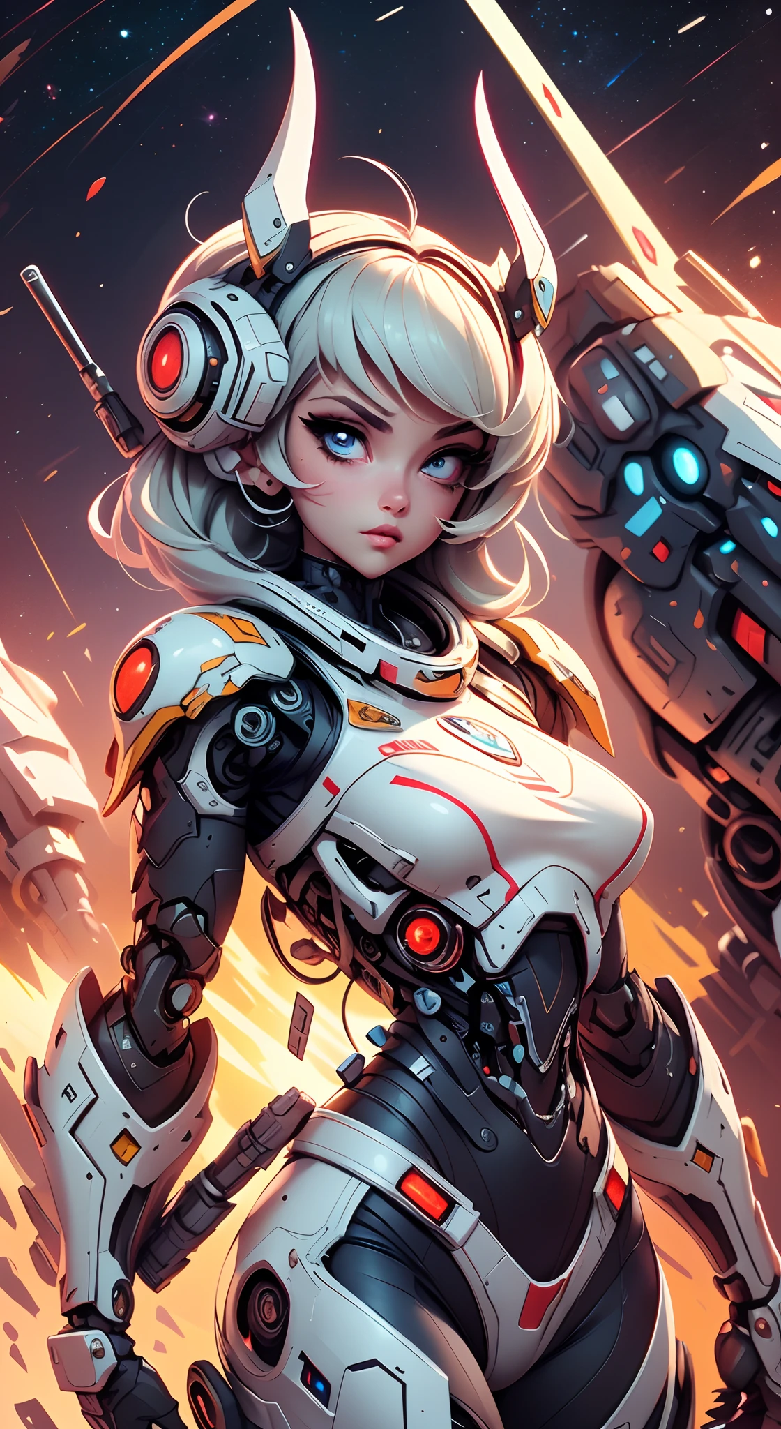 (Detailed illustrations,Very detailed and detailed drawing,delicated lines，slow, fast, fast, fast, fast,realistic texture expression),[Color tressed main line],(Space battlefield [Space Mobile Fortress]),[独奏],Hentai (((anime) BIONICGirl) Beauty  ((musculous) [plump])) (Astronaut robot) [Space Marine Corps Military [Massin Bowdy]],Bullets with javelins [[Firearms, Machine guns, bazooka] Saber rifles ][[Rocket pack]],Zero gravity frontier,intaglio [[White Devil] [Outer space operations]] Battle damage,[retro-futuristic],(Intricate and beautiful decoration [Dense detail]),(Fine and beautiful skin expression [Transparency]),[Perfect eye details (Every detail of the iris is beautifully painted)[Jewel-like eyes]],[long and beautiful lashes],[The hair is beautifully painted [More about beautiful and shiny hair]],(Perfect hand details [Beautiful Finger，There are no glitches [Beautiful nails]]),(Perfect anatomy (perfectly proportioned)) [[Full body like]],[[Design built to the highest level]][Ideal color coordination(Accurate simulation of light-material interactions)],(high high quality,[Precise detail] A high resolution,(detaileds,high detal)),[Visual art that conveys a sense of narrative].