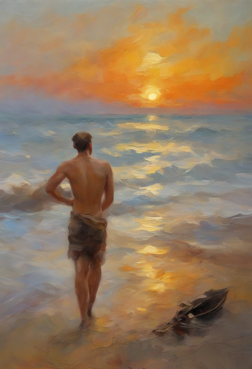 a man sitting on a beach, hyper detailed, realistic lighting, photorealistic, 8k, highly detailed, intricate details, cinematic lighting, dramatic shadows, dramatic composition, warm colors, sunset lighting, glowing skin, muscular body, detailed facial features, realistic skin texture, detailed face, short black hair