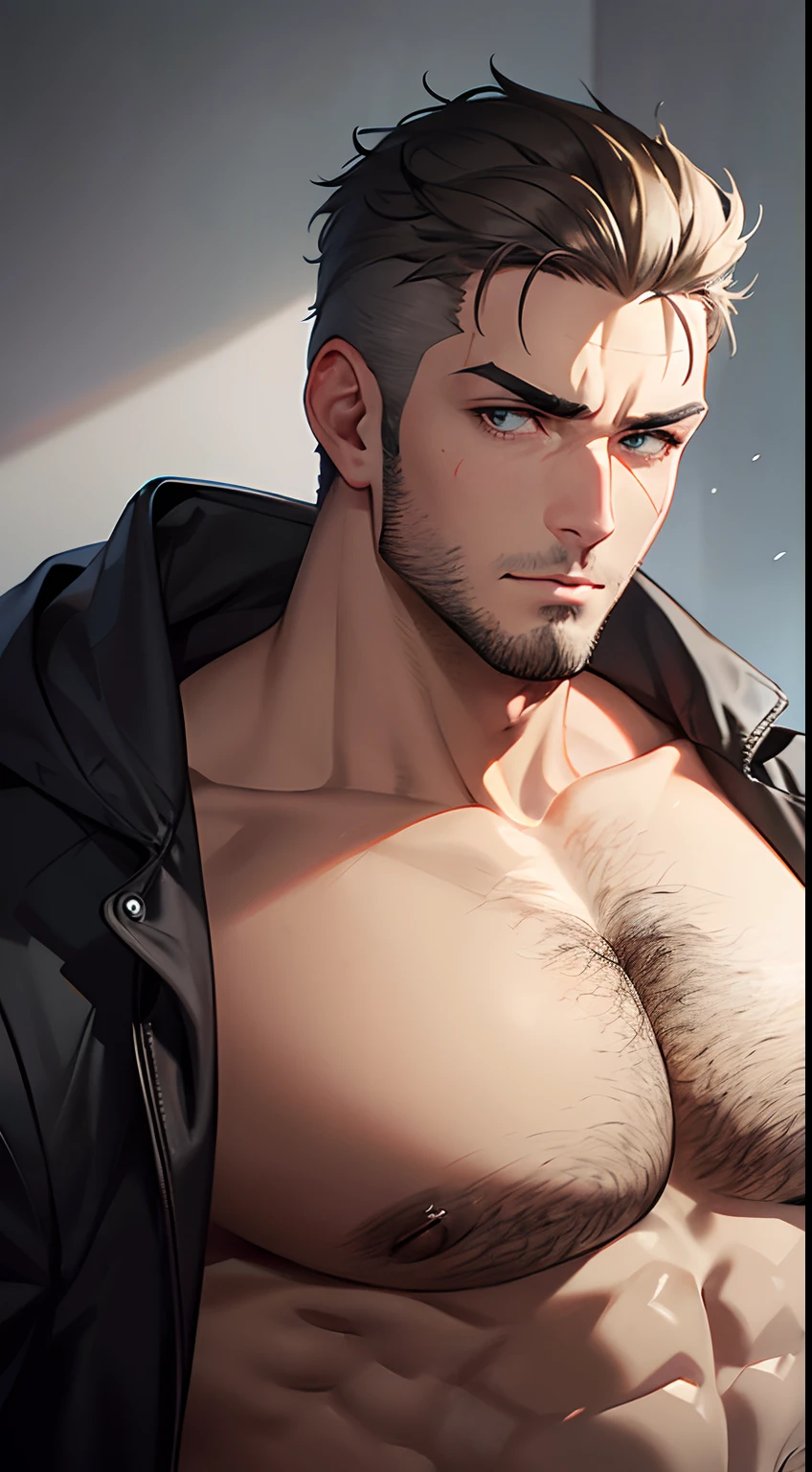 He's a big boy with Short gray hair, calm golden eyes, intense gray eyebrows with eyelashes of the same color, light brown skin, a scar on his left jaw, Serious facial features. He has no  beard and no mustache. + He is in his twenties