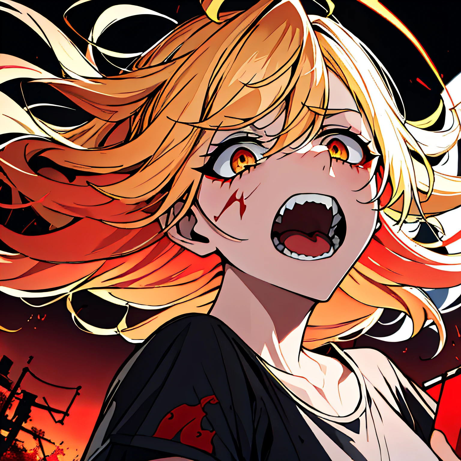 (absurdres, 8k, 4k, masterpiece, hyper extreme detailed:1.2), solo, 1girl, front view, portrait, best quality, expressive eyes, perfect face, 1girl, portrait, solo, standing, Female, toned body, mature female, small breasts, pale, hair covering one eye, long hair, adult, gold eyes, psychotic, laughing, blood, bloody, falling, clouds, crazy eyes, messy hair, swept bangs, perfect anatomy, front view, apocalypse background, t-shirt, shorts, scars, scuffs, injuries, reckless, dangerous, blonde hair, insane, crazy, chaotic, gold, wide eyes, losing your mind, all thrill, beams of light, scared, pain pills, flying, falling, fear, fearful, restless, left behind, abandoned, near divine, bleeding, screaming, midas, restless, holding head with hands,