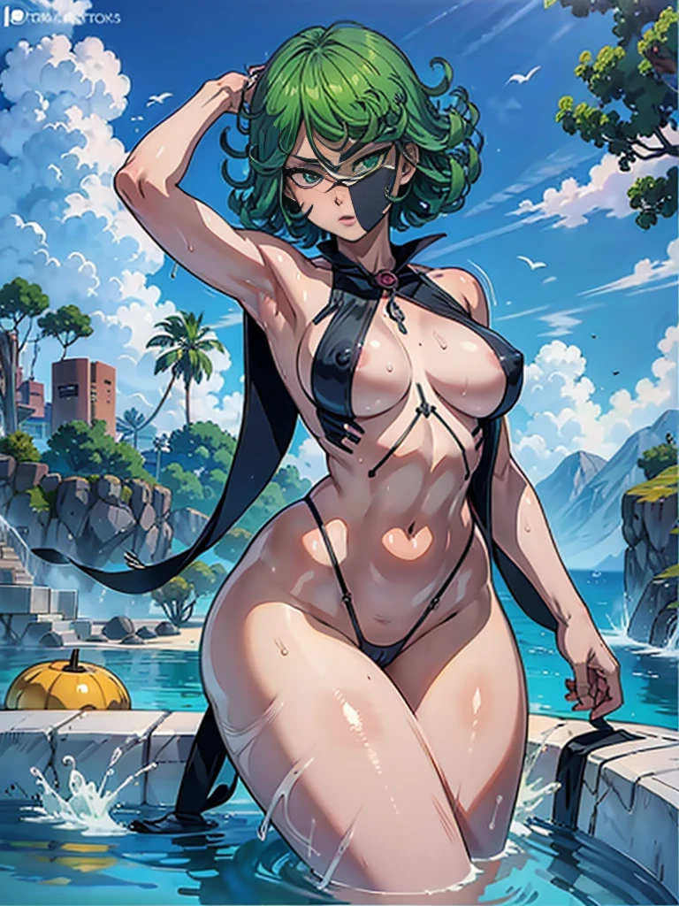 Tatsumaki, 1girl, solamente, hermosa, muslos thicc, smal boobs, NSFW desnuda, en la piscina, ojos puros, pupilas realistas, ojos muy detallados, Perfect Anatomia, good anatomy, Good Composition, Axilas, sweating, Mom, Milf, muslos thicc, Lubrication of the groin area of the skin, piel grasa, axilas rojas, sweat armpits,Standingn, high angle