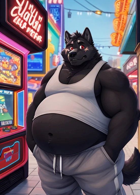 wolf, anthro, male, black fur, red eyes, facial scars, extremely fat cheeks, overweight, large belly, wearing tank-top, wearing open coat, wearing baggy sweatpants, confused, slightly nervous, looking at viewer, detailed face, outdoors, city people in background, arcade in background