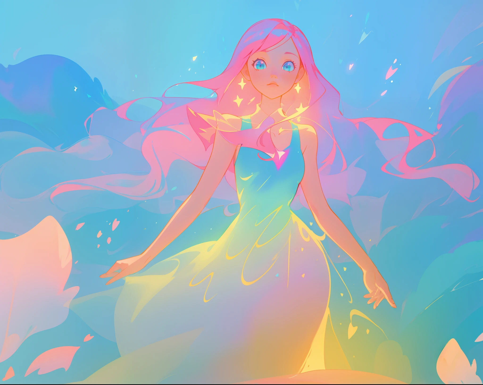 beautiful girl in sparkling white puffy dress, vibrant pastel colors, (colorful), magical lights, long flowing colorful pink hair, otherworldly aqua and blue landscape background, inspired by Glen Keane, inspired by Lois van Baarle, disney art style, by Lois van Baarle, glowing aura around her, by Glen Keane, jen bartel, glowing lights! digital painting, flowing glowing hair, glowing flowing hair, beautiful digital illustration, fantasia background, whimsical, magical, fantasy, beautiful face, ((masterpiece, best quality)), intricate details, highly detailed, sharp focus, 8k resolution, sparkling detailed eyes, liquid watercolor