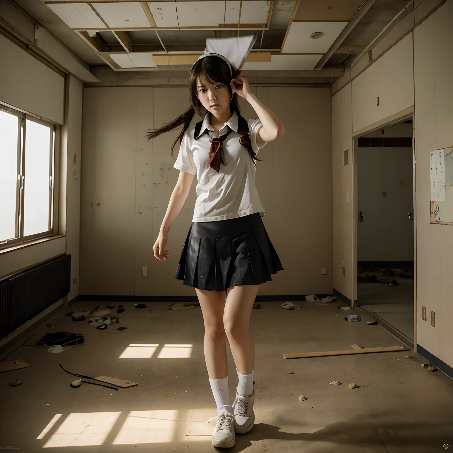 Ánime style japanese, highschool girl ghost, coleggial closes, flying in rooms of a abandoned school