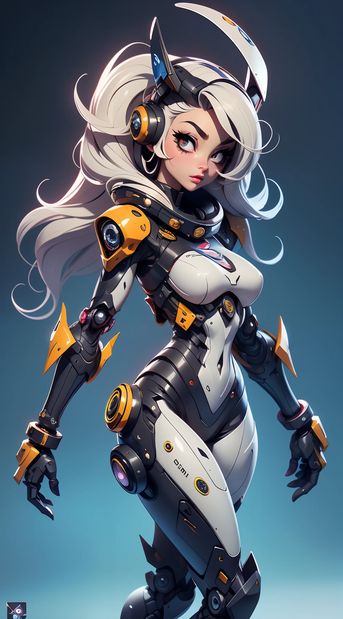 A fantz monster design, Cute robots in space [style-rustmagic]，female robot，Half-human, tmasterpiece， （tmasterpiece， top-quality， best qualityer）， 1girll， 独奏， tightsuit， nedium breasts， long whitr hair， white backgrounid， ssmile， simplebackground， mediuml breasts， shelmet， looking at viewert， skin tight， sitted， cparted lips， blue skinsuit， the motorcycle， Black gloves， mitts