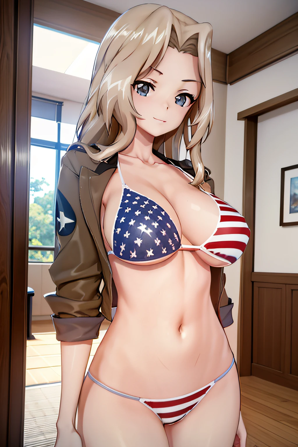 ​masterpiece, top-quality, 1girl in, 独奏, tgirls&tanks, koukou, American flag bikini,, inside in room、