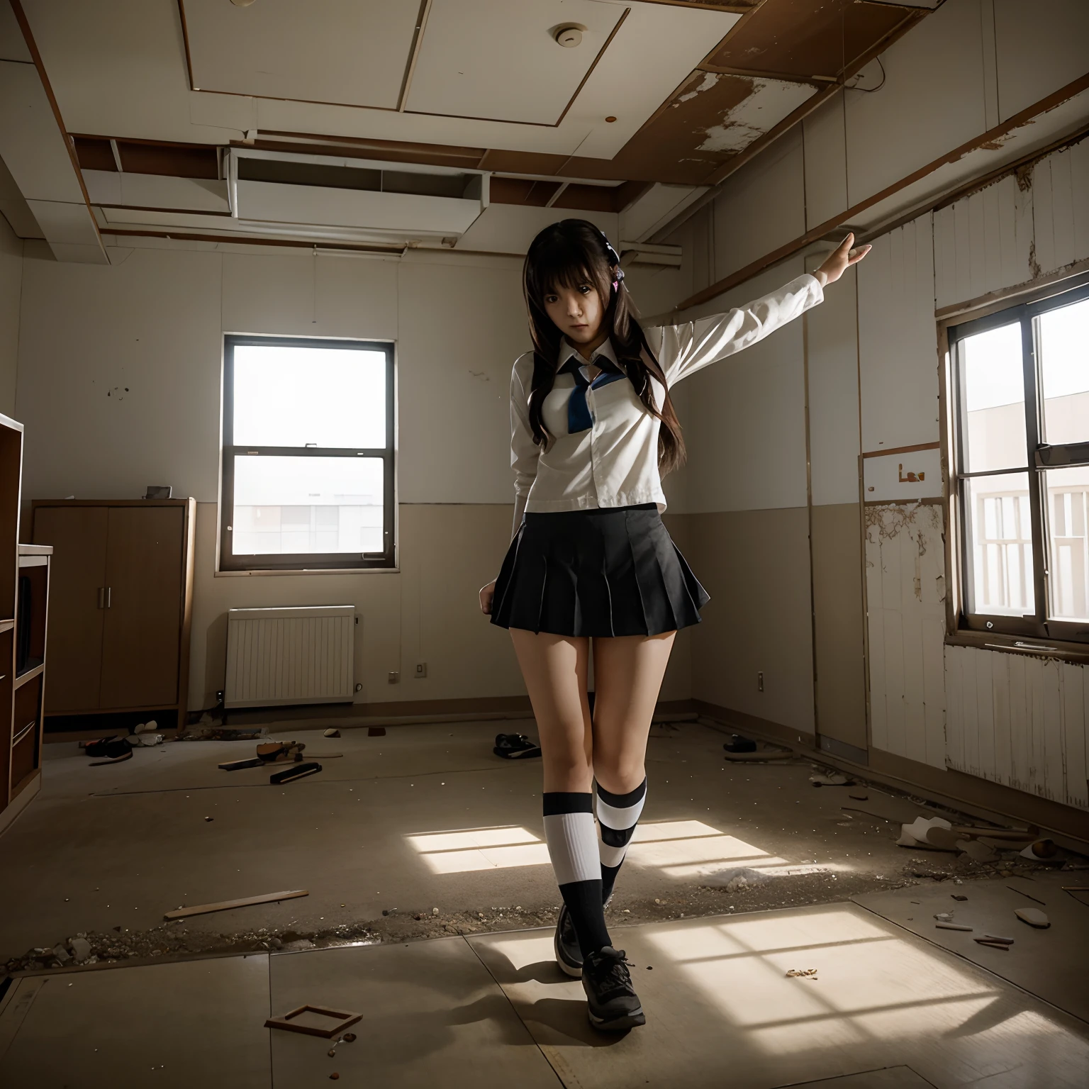 Ánime style japanese, highschool girl ghost, coleggial closes, flying in rooms of  a abandoned school