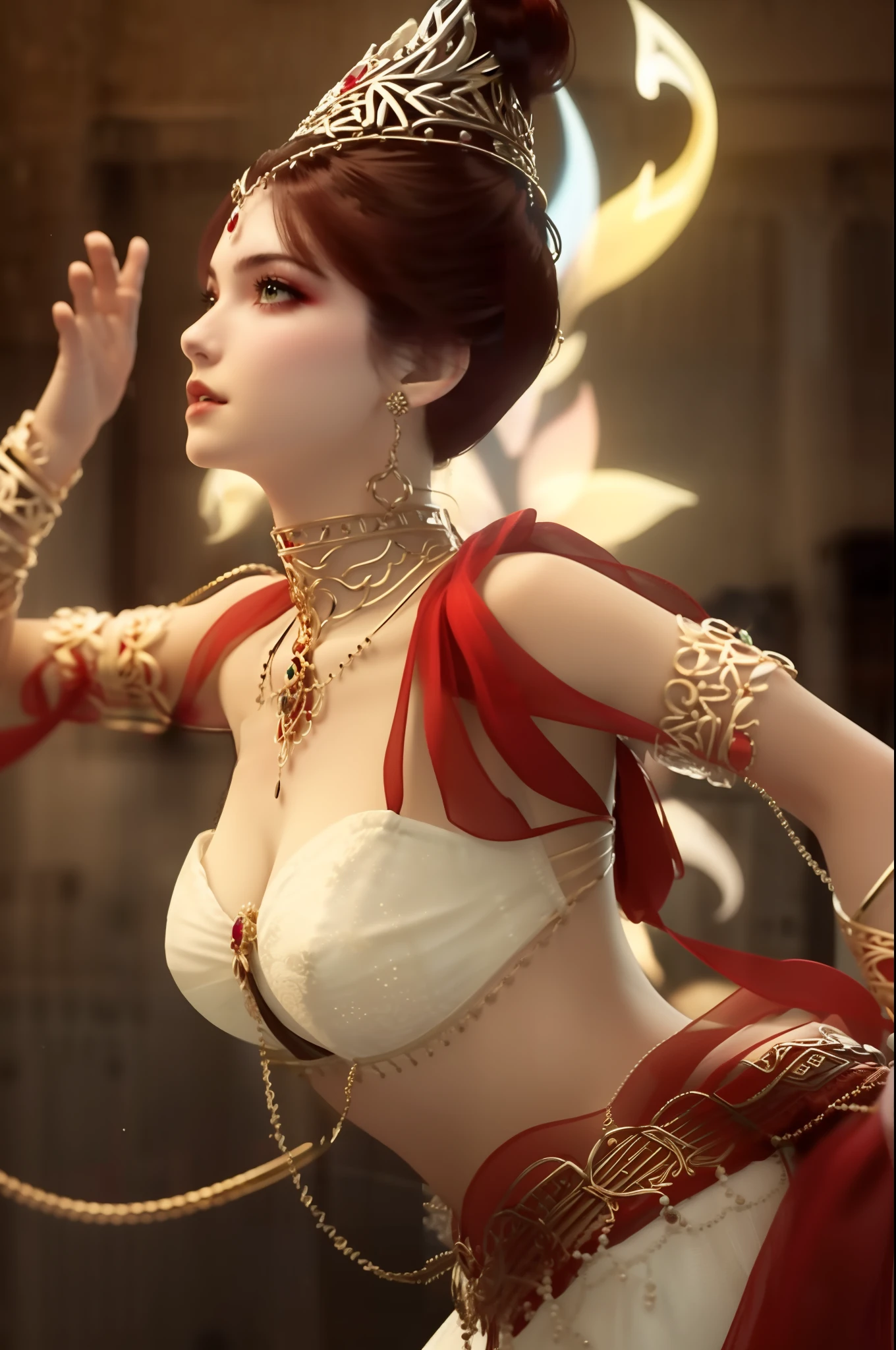 (,1girll, angle of view,Best quality, ) , (, jewelry, Earrings, necklace, view the viewer,  facingviewer,   , )   ultra realistic 8k cg, Flawless, Clean, Masterpiece, Professional artwork, Famous artwork, Cinematic lighting, Cinematic bloom, Perfect face, Beautiful face, fantasy, Dreamlike, unreal, Science fiction, Lace, Lace trim, lace-trimmed legwear, luxury goods, jewelry, Diamond, gold, the pearl, Pedras preciosas, Sapphire, Ruby, Emerald, intricately details, Delicate pattern, Charming, Alluring, Seductive, Erotic, Enchanting, hair adornments, necklace, Earrings, Bracelet, armlets,Halo,Autumn leaves, ,