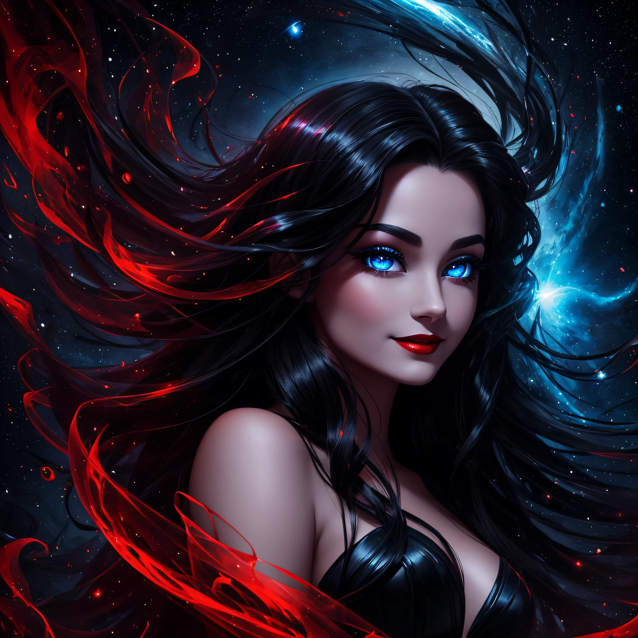 Noir painting of a young beautiful enchantress, goddess, magical, floating in space, long black hair, lush dark red lips, fair skin, villainess, smiling, black prom dress, she is coming to you, up close, bright blue eyes, surrounded by swirling red aura, glowing red aura, real, high detail, best quality
