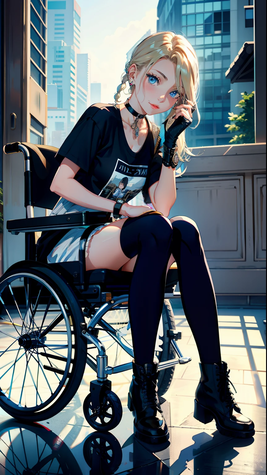 masterpiece, top-quality, Detailed details, Detailed landscapes, beatiful lights, Beautiful Shadows, 1girl in, 23years old,Sitting in a wheelchair、Blue eyes,Mischievous smile, Blonde short、bangle,a choker,piercings,hotpants,Ultra-low rise,TShirt, Navel Ejection,Loose Socks、lace-up boots、Open Finger Gloves、detailed skin textures, Tyndall effect