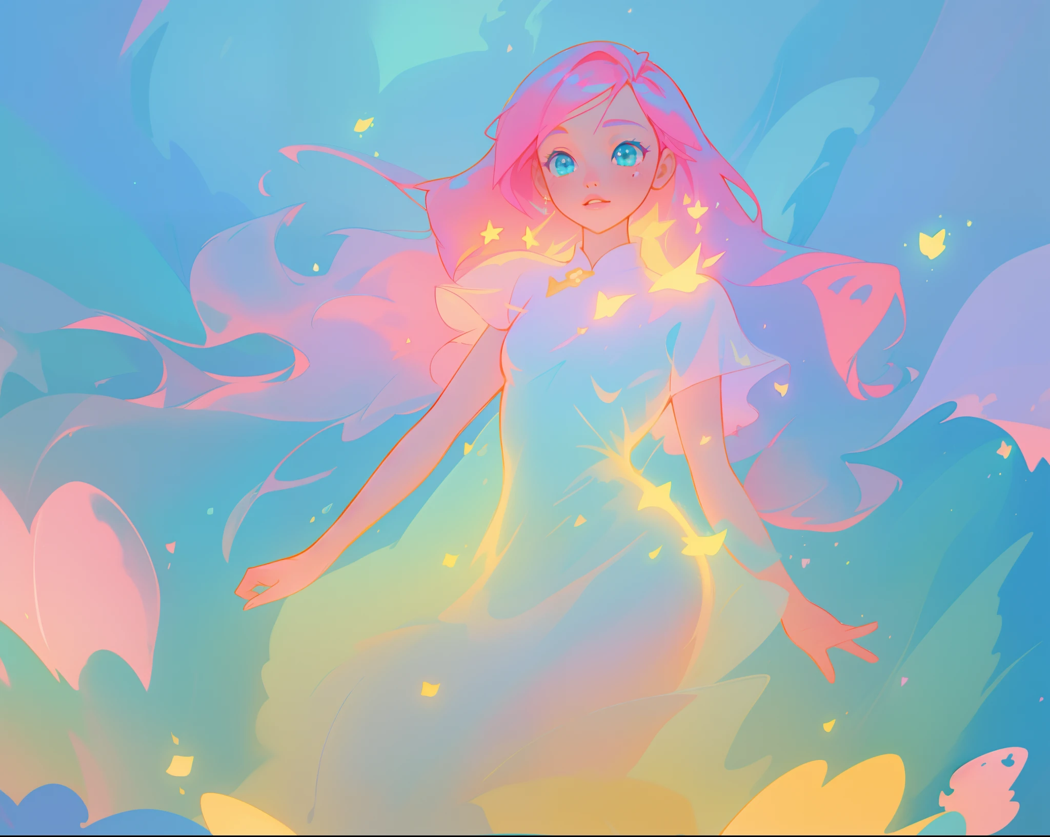 beautiful girl in sparkling white puffy dress, vibrant pastel colors, (colorful), magical lights, long flowing colorful pink hair, otherworldly aqua and blue landscape background, inspired by Glen Keane, inspired by Lois van Baarle, disney art style, by Lois van Baarle, glowing aura around her, by Glen Keane, jen bartel, glowing lights! digital painting, flowing glowing hair, glowing flowing hair, beautiful digital illustration, fantasia background, whimsical, magical, fantasy, beautiful face, ((masterpiece, best quality)), intricate details, highly detailed, sharp focus, 8k resolution, sparkling detailed eyes, liquid watercolor