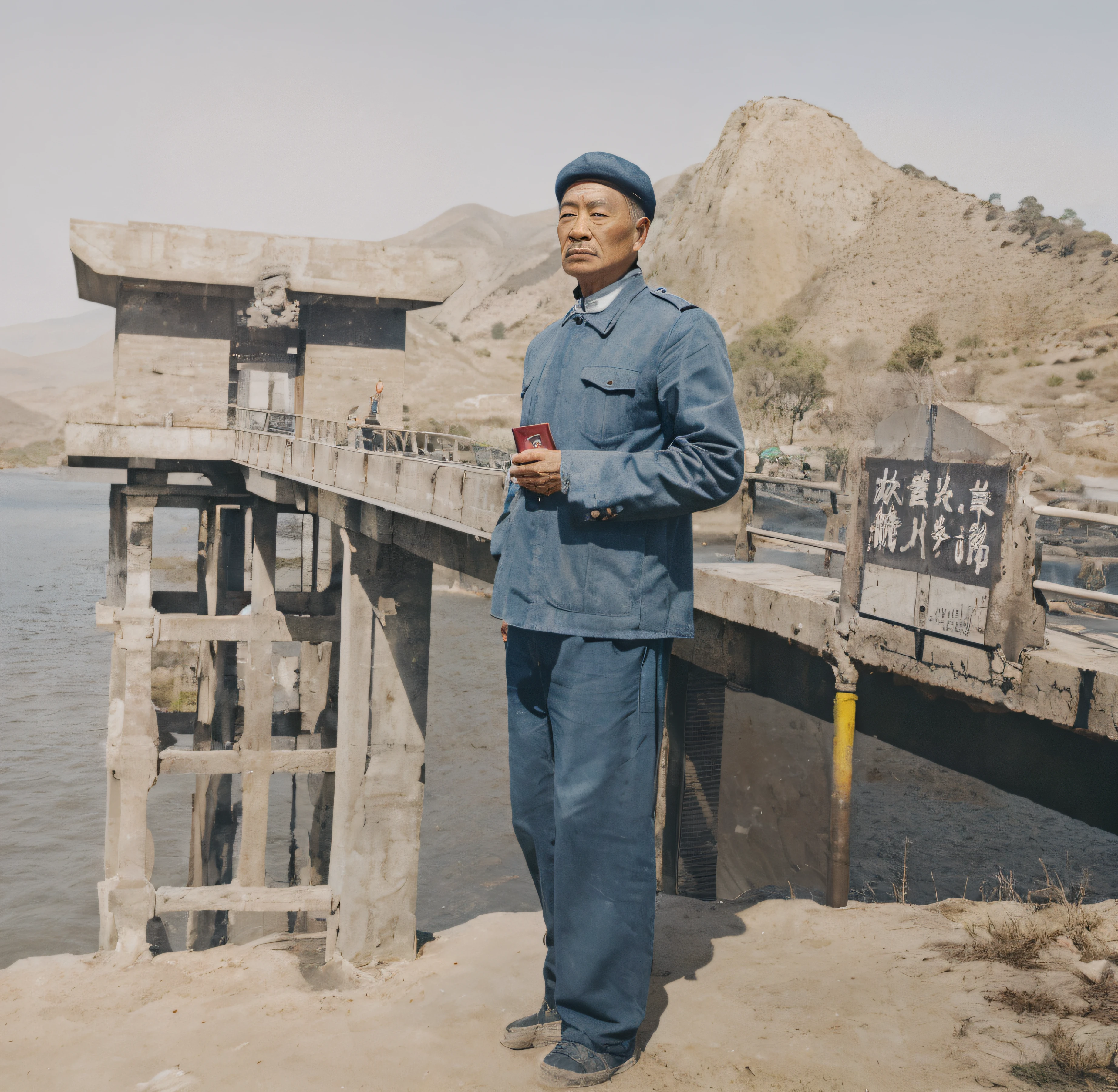 Portrait of a 60-year-old Chinese man,Face emaciation,without a beard,Good facial features,Symmetrical facial features,The ears are symmetrical and clear,Ultra-clear and realistic facial features,He wears a dark hat on his head,With a hat with a brim,Hat coordination,He was wearing a black military uniform,The texture of the clothes is clear,Ultra-clear texture,Holding a red book in his hand,Camera shooting effect,Light and shadow are natural,Symmetrical clothes,The collar is symmetrical and coordinated,Ultra-clear realistic 8K,Very detailed eyes and face,hyper-detailing, High definition, Very detailed, Best quality, Masterpiece, , Realistis, Real, 8K wallpaper,In the background is a concrete building,There is lake water,There are mountains,There are blue skies and white clouds,There are large irregular stones under the feet,Background details for foreground objects (Masterpiece: 1.2) (Photorealistic: 1.2) (Bokeh: 1.2) (Best quality) (Color grading) (Detailed skins: 1.3) (complex) (8K)(Movie lighting: 1.3) (Sharp focus), Glossy glossy skin, Front-facing Ultra HD, Digital SLR, Soft lighting, High quality, Skin texture, filmgrain, Close up, 超高分辨率,
