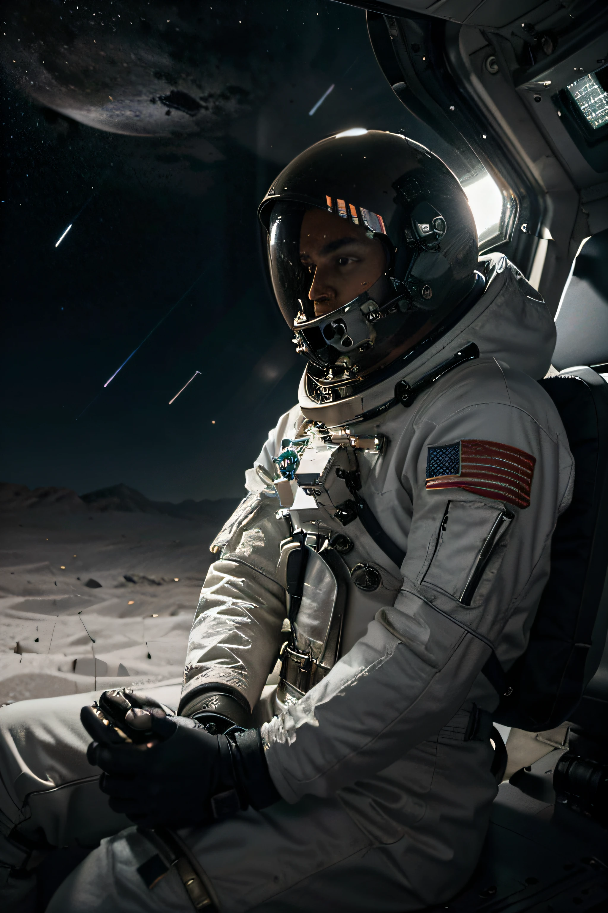 Produce a high-quality image with advanced detail and cinematic style that depicts an astronaut sitting on the surface of the Moon, olhando para a Terra no horizonte. The astronaut must be wearing a detailed spacesuit and holding a helmet under their arm, com visibilidade para seu rosto. The lunar scenery should show realistic rocks and craters and a lunar surface illuminated by sunlight. A realistic space rocket should be visible next to the astronaut, Ready for a mission. The Earth should be seen as a beautiful blue and white globe in the dark sky of the Moon, iluminada pelo sol, And the image should convey a sense of wonder and wonder in the face of outer space. Lighting and details should be rendered at maximum quality, tornando a imagem cativante e realista