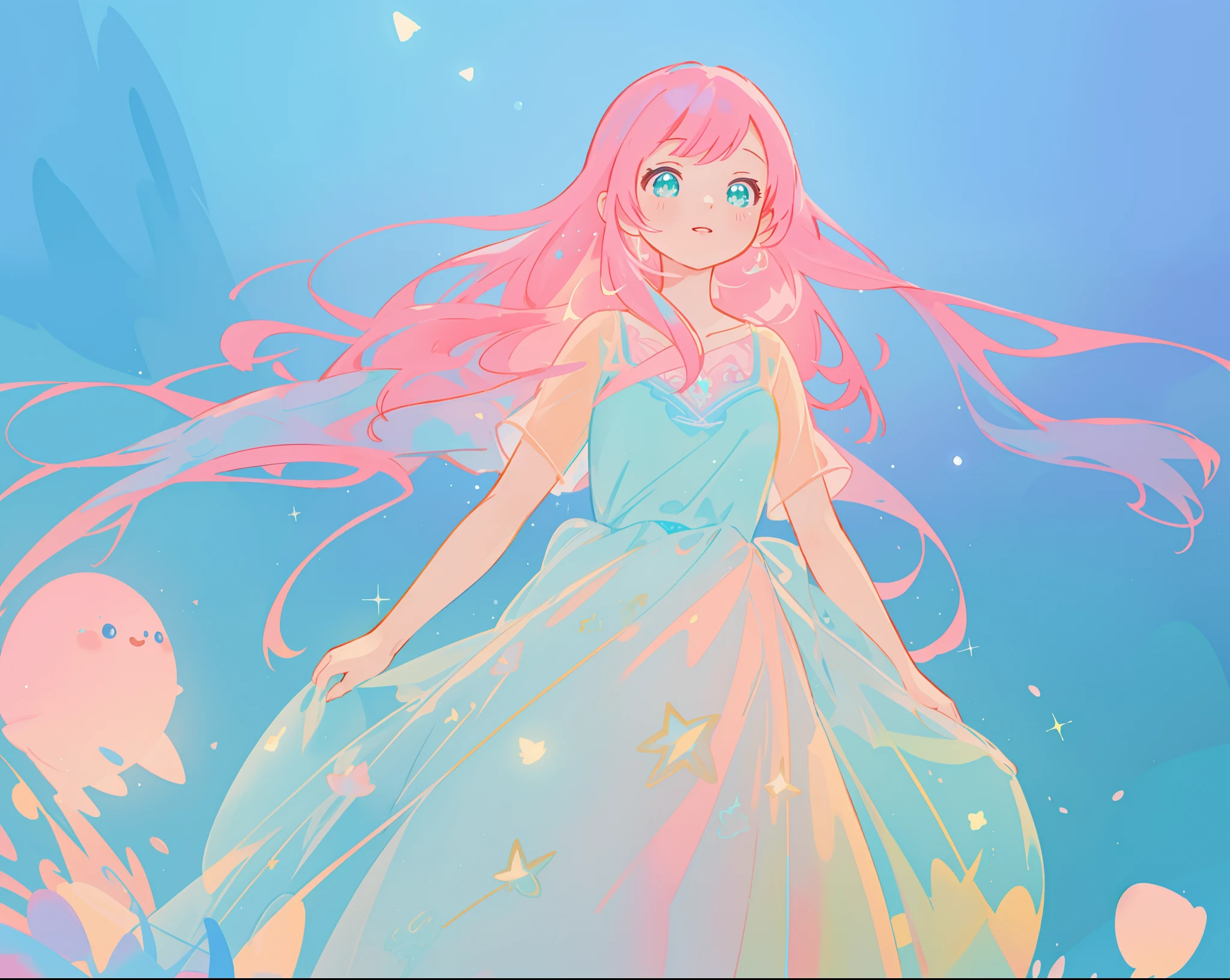beautiful girl in sparkling white puffy dress, vibrant pastel colors, (colorful), magical lights, long flowing colorful pink hair, otherworldly aqua and blue landscape background, inspired by Glen Keane, inspired by Lois van Baarle, disney art style, by Lois van Baarle, glowing aura around her, by Glen Keane, jen bartel, glowing lights! digital painting, flowing glowing hair, glowing flowing hair, beautiful digital illustration, fantasia background, whimsical, magical, fantasy, beautiful face, ((masterpiece, best quality)), intricate details, highly detailed, sharp focus, 8k resolution, sparkling detailed eyes, liquid watercolor