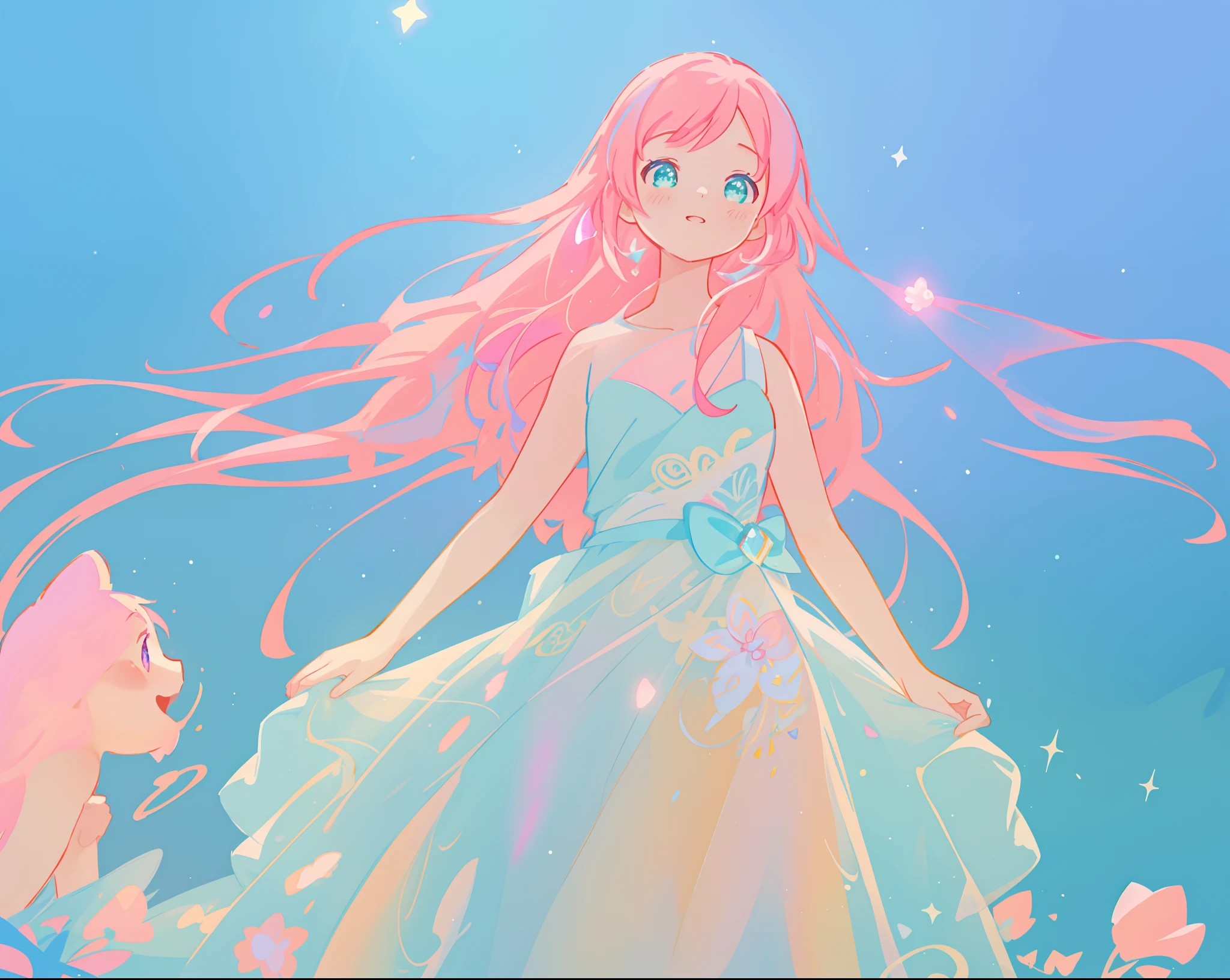 beautiful girl in sparkling white puffy dress, vibrant pastel colors, (colorful), magical lights, long flowing colorful pink hair, otherworldly aqua and blue landscape background, inspired by Glen Keane, inspired by Lois van Baarle, disney art style, by Lois van Baarle, glowing aura around her, by Glen Keane, jen bartel, glowing lights! digital painting, flowing glowing hair, glowing flowing hair, beautiful digital illustration, fantasia background, whimsical, magical, fantasy, beautiful face, ((masterpiece, best quality)), intricate details, highly detailed, sharp focus, 8k resolution, sparkling detailed eyes, liquid watercolor